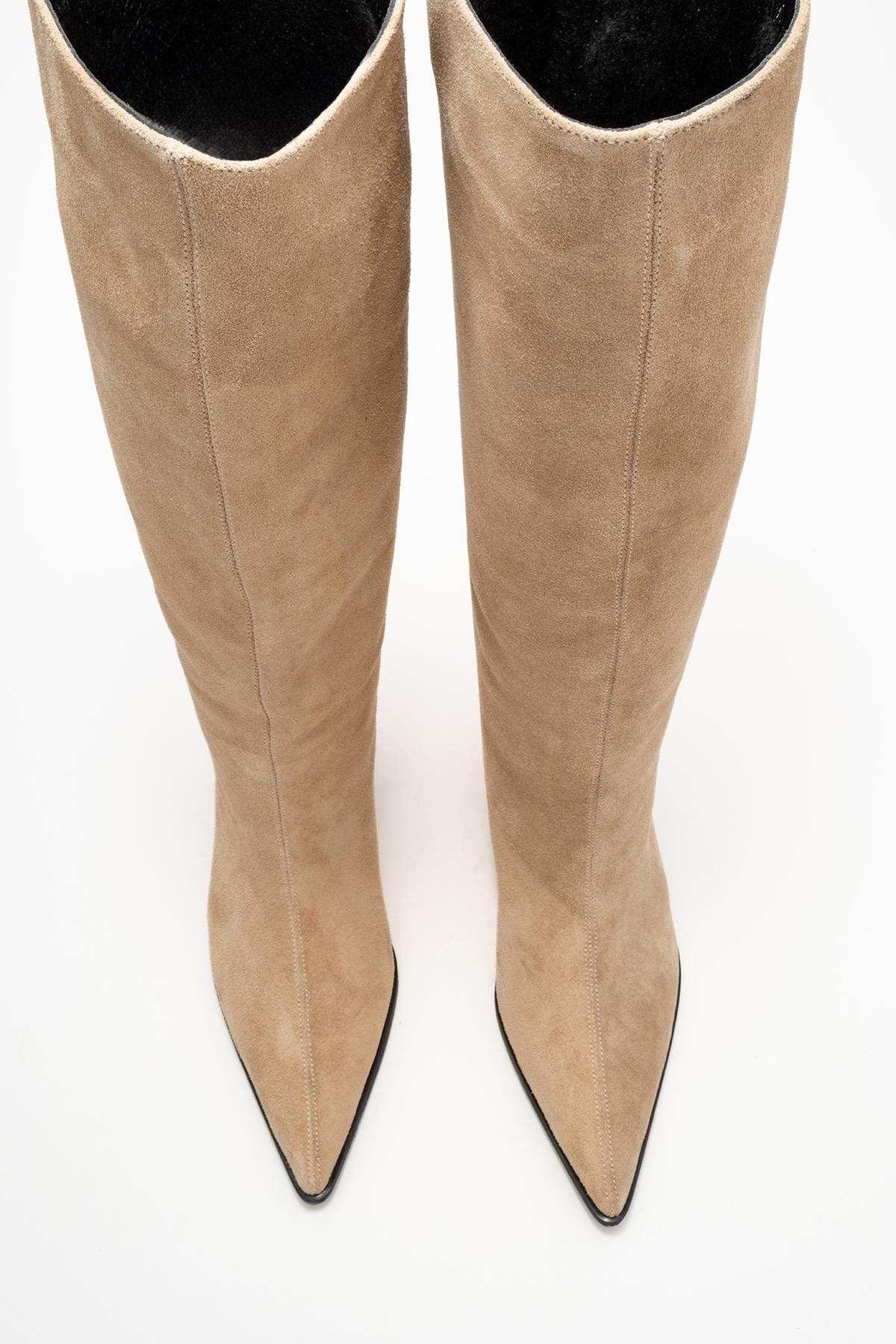 Siora - Beige Suede Genuine Leather Short Heel Boot – side view showing leather, suede, SimmiUnique