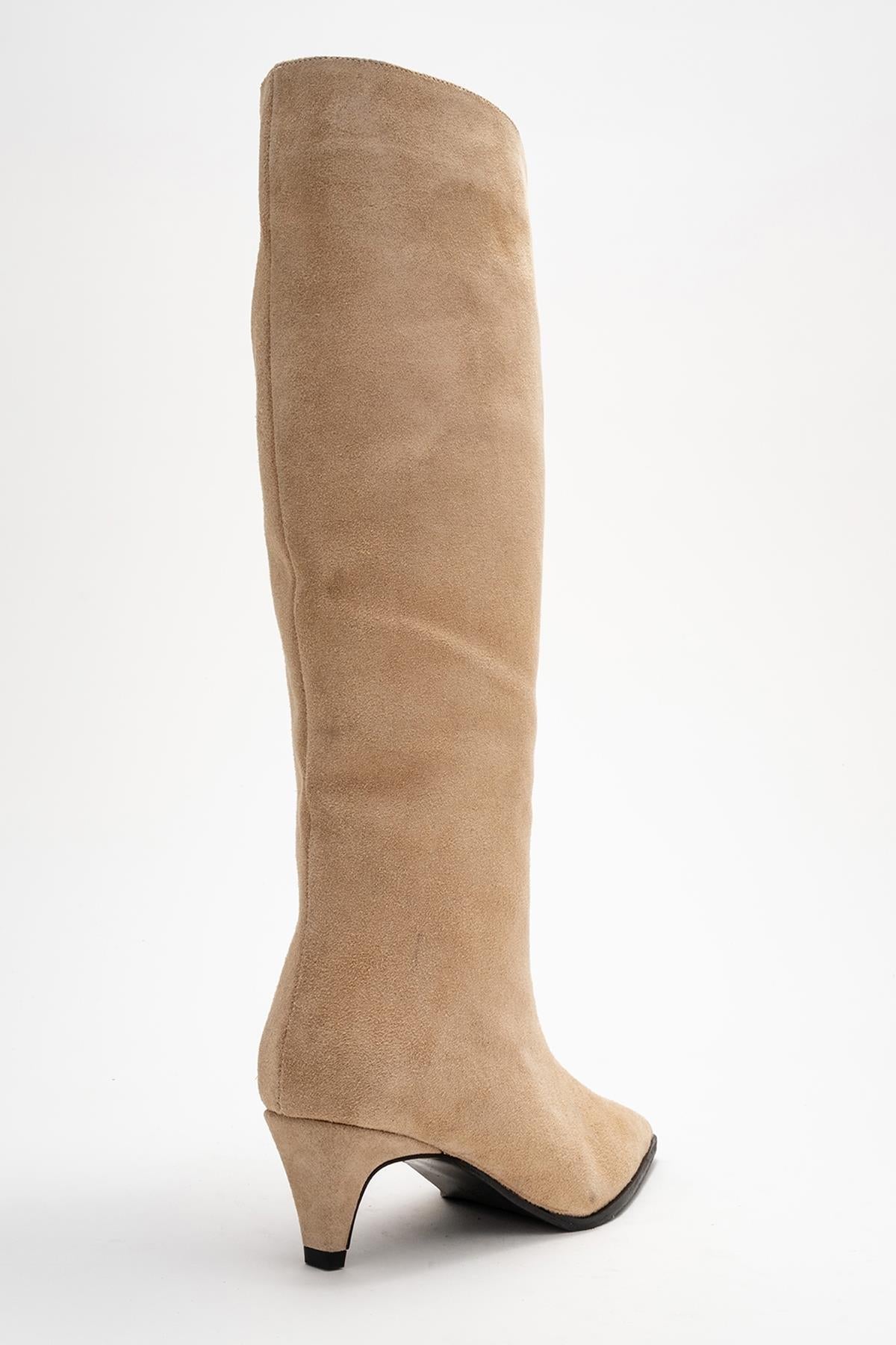 Siora - Beige Suede Genuine Leather Short Heel Boot – back view showing leather, suede, SimmiUnique
