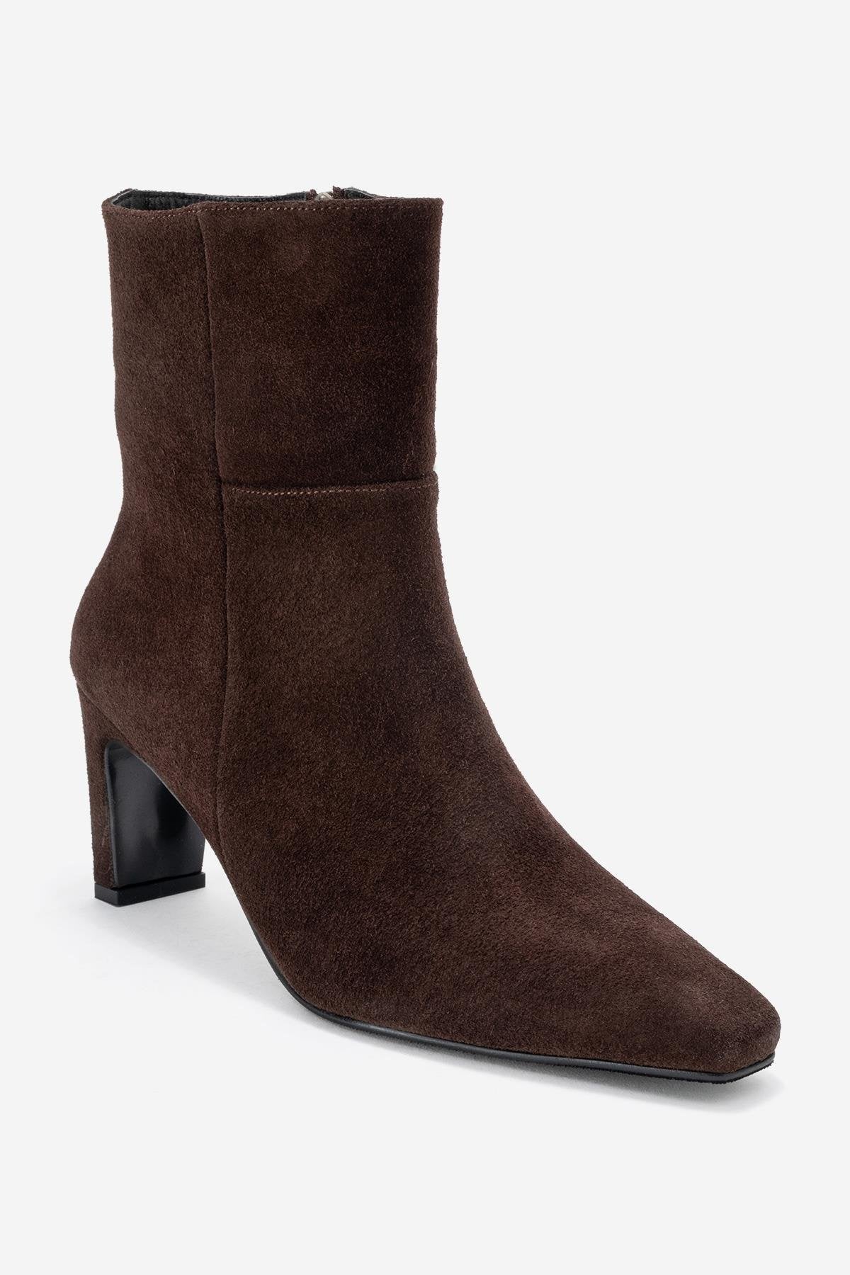 Kyoto - Brown Suede Genuine Leather Block Heel Boot – detail view showing leather, suede, SimmiUnique