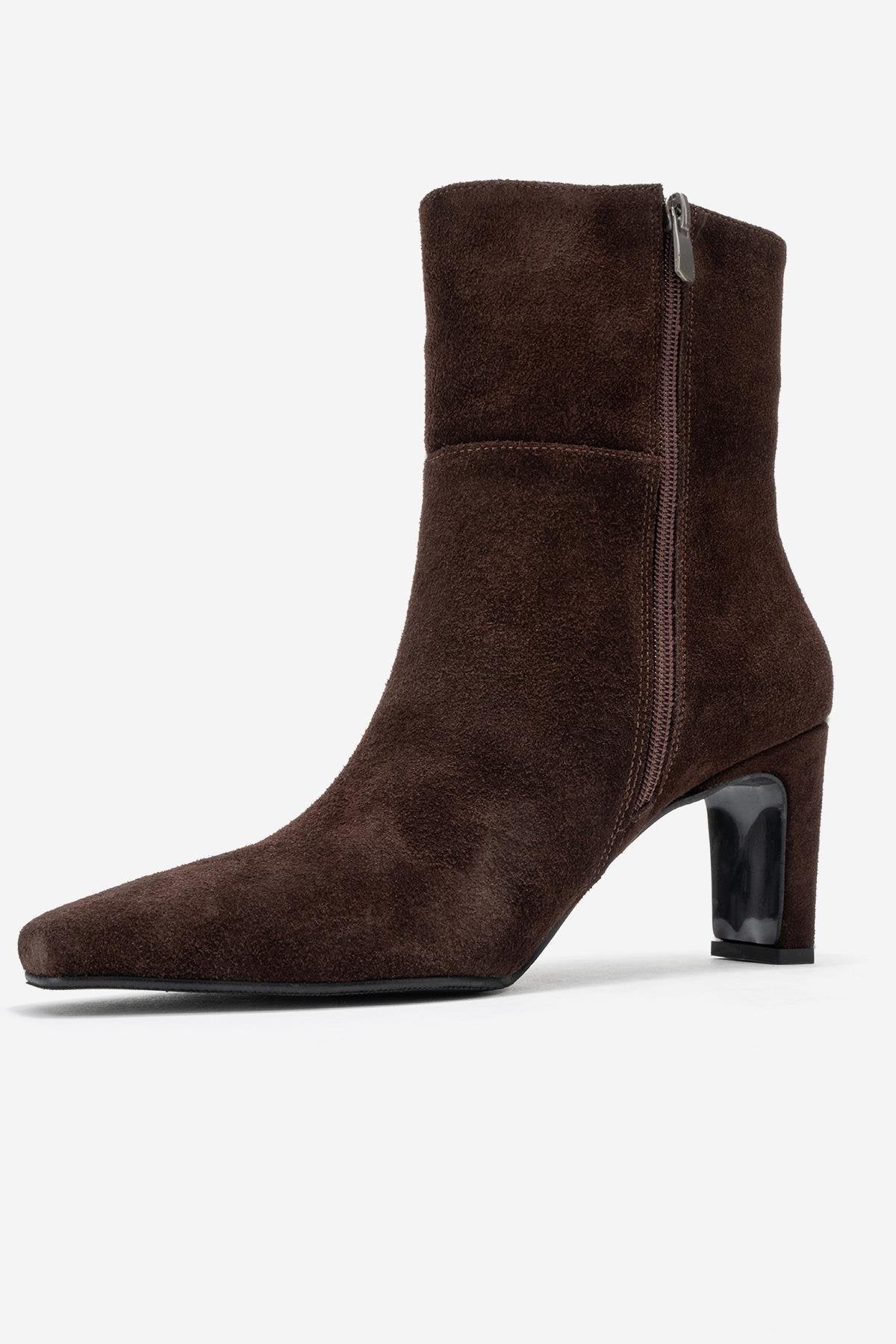 Kyoto - Brown Suede Genuine Leather Block Heel Boot – heel view showing leather, suede, SimmiUnique