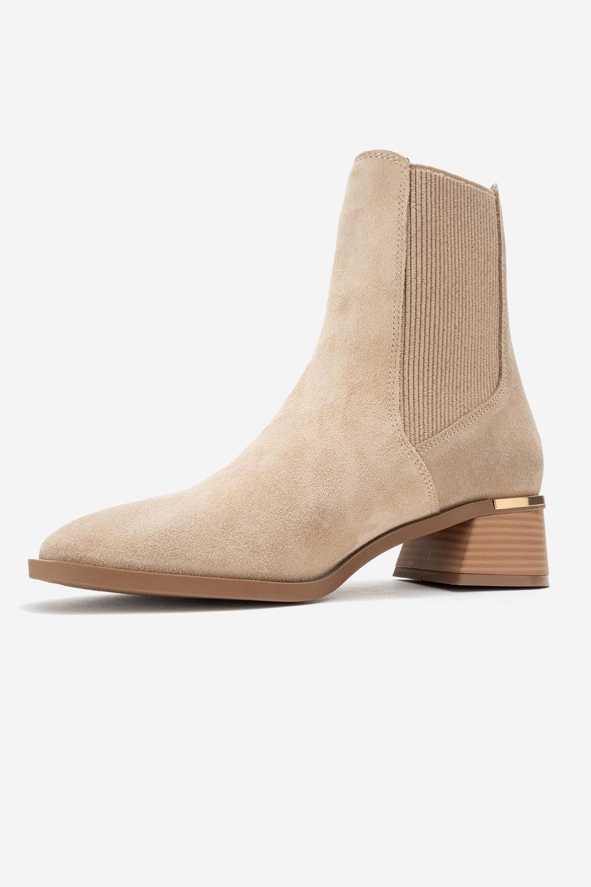 Neiva - Beige Suede Genuine Leather Chelsea Boot – heel view showing leather, suede, SimmiUnique