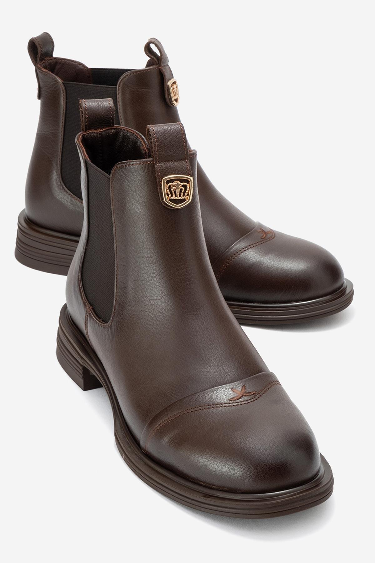 Sidney - Brown Genuine Leather Buckled Elastic Chelsea Boot – front three-quarter view showing leather, SimmiUnique