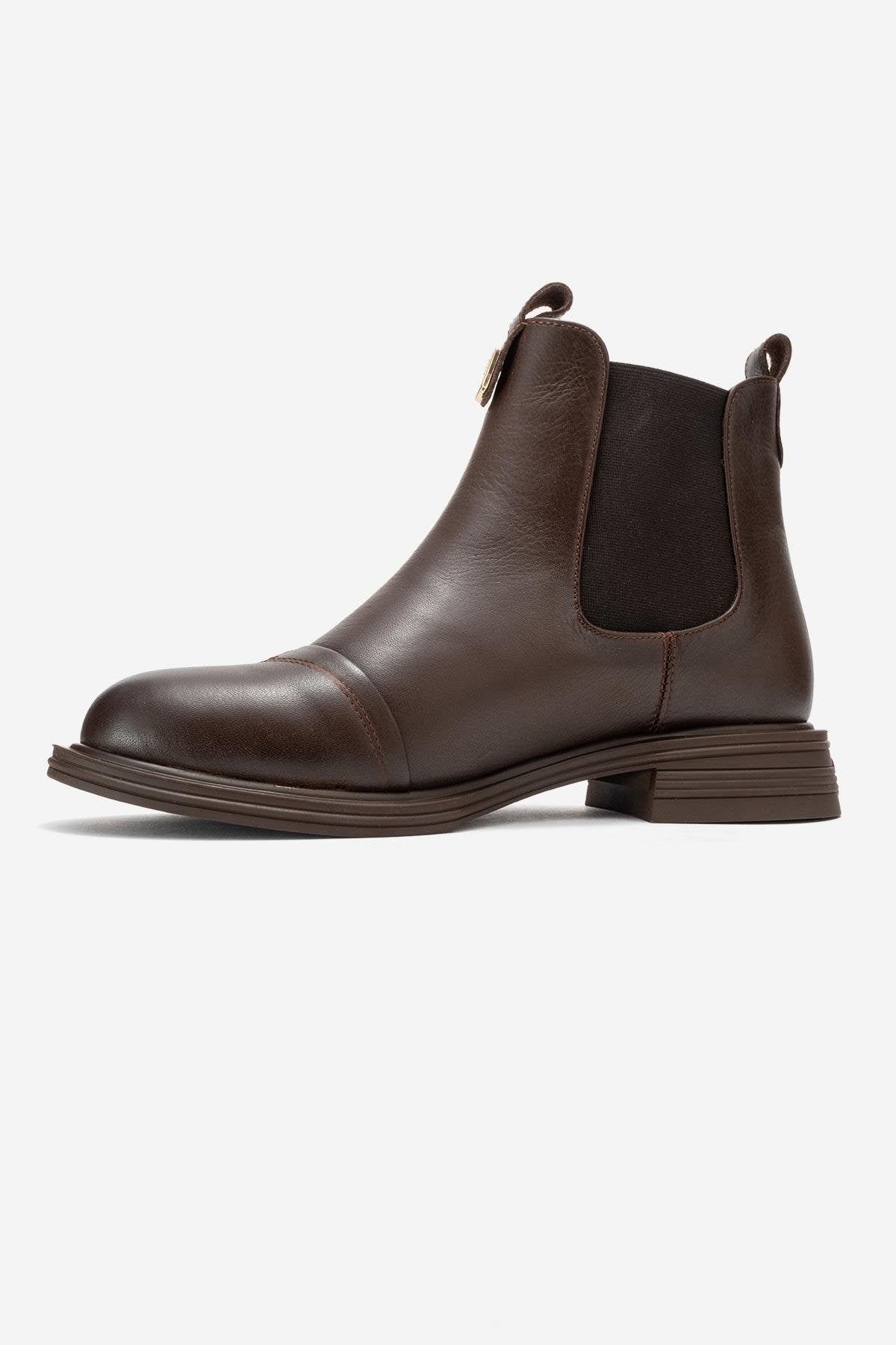 Sidney - Brown Genuine Leather Buckled Elastic Chelsea Boot – heel view showing leather, SimmiUnique
