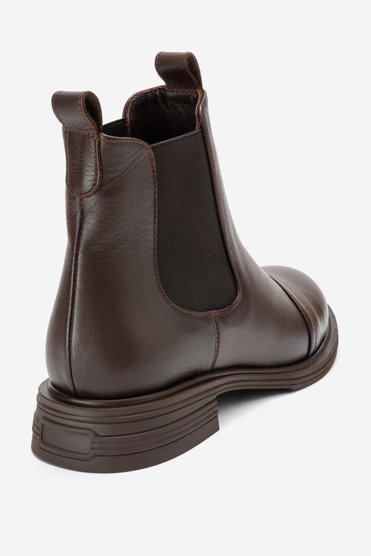 Sidney - Brown Genuine Leather Buckled Elastic Chelsea Boot – back view showing leather, SimmiUnique
