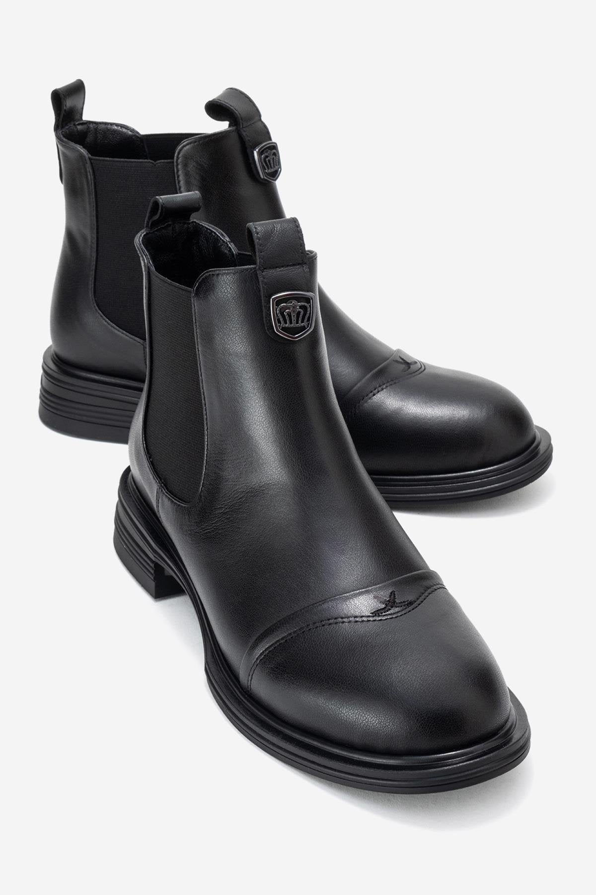 Sidney - Black Genuine Leather Buckled Elastic Chelsea Boot – front three-quarter view showing leather, black, SimmiUnique