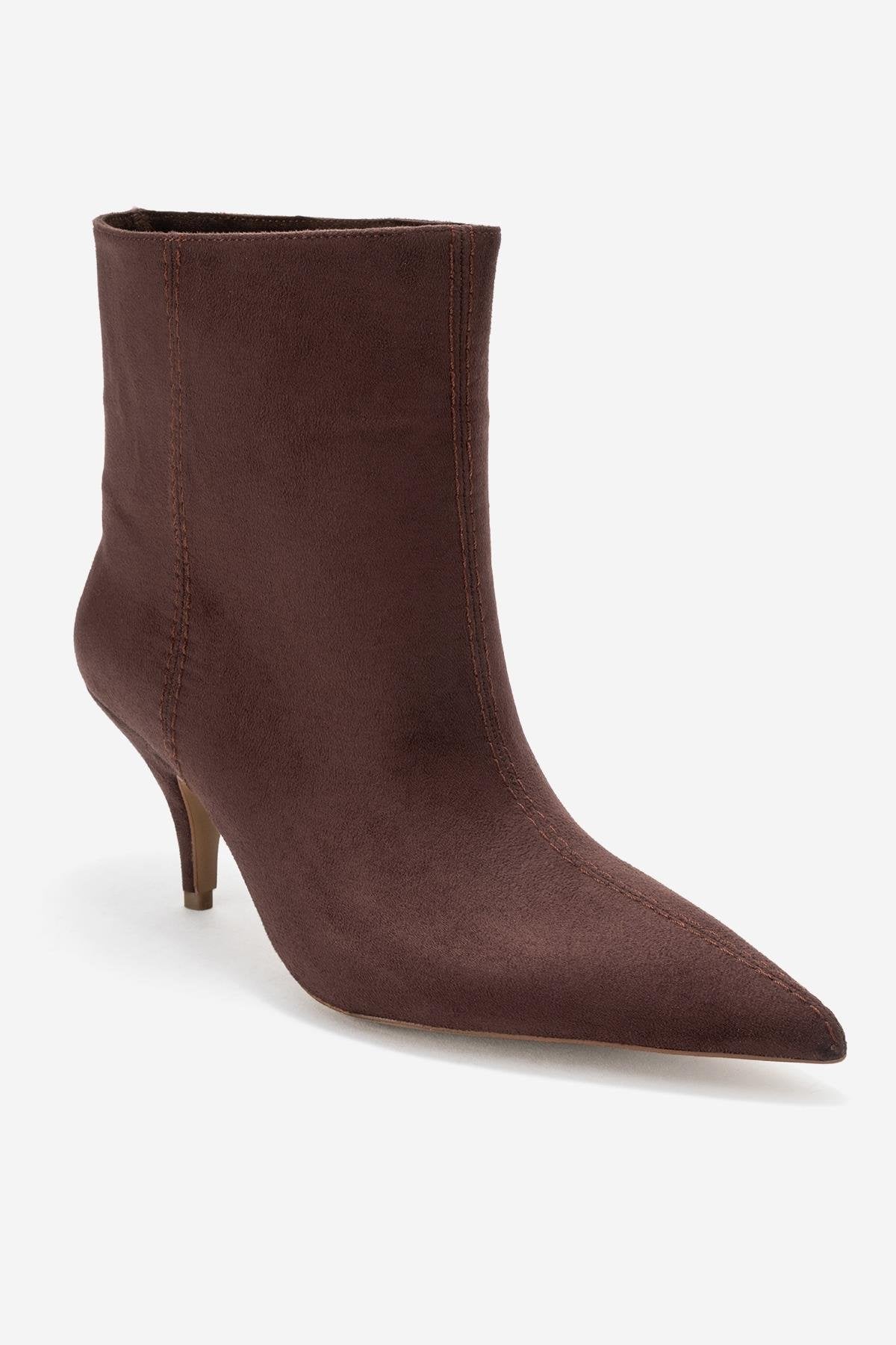 Brivelle - Brown Kitten Heel Pointed Toe Boot – detail view showing suede, SimmiUnique