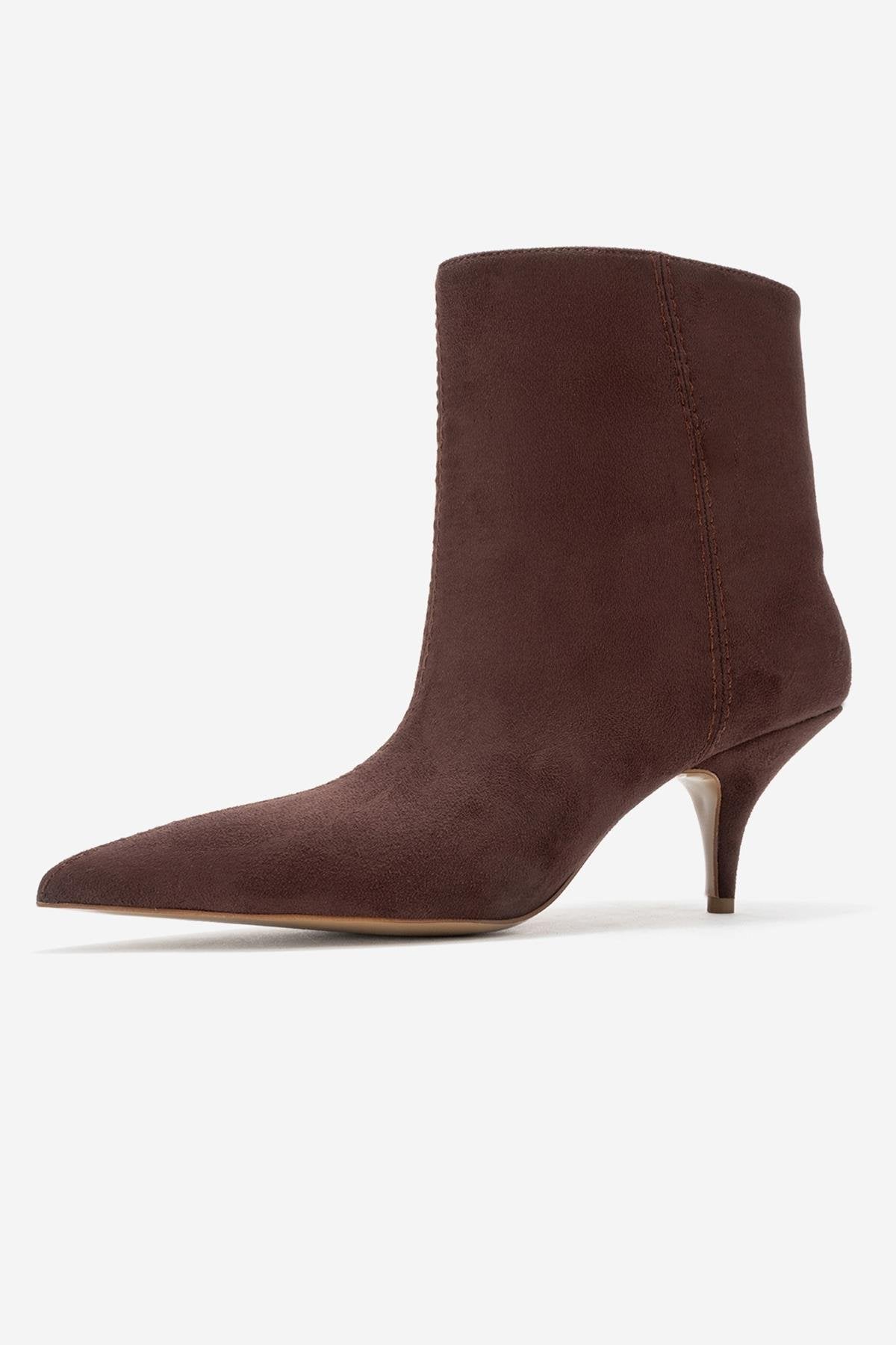 Brivelle - Brown Kitten Heel Pointed Toe Boot – heel view showing suede, SimmiUnique
