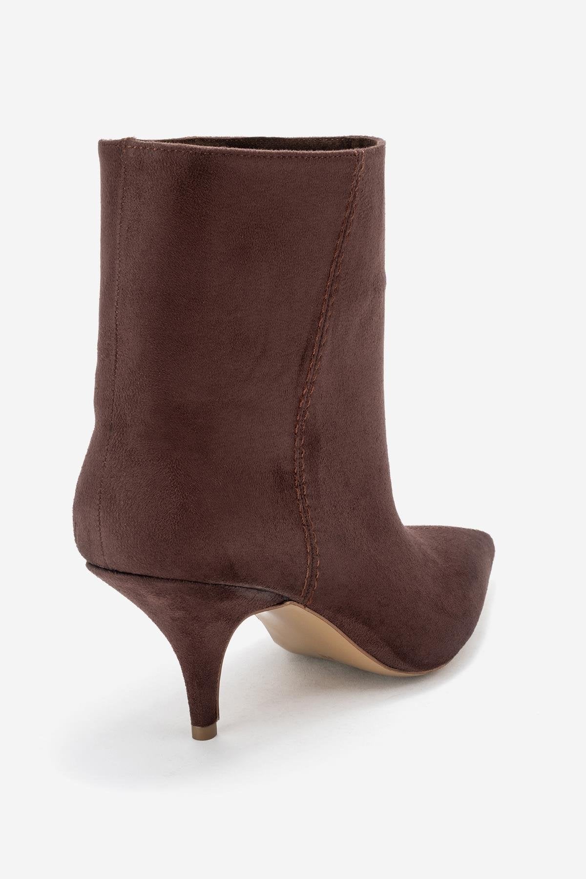 Brivelle - Brown Kitten Heel Pointed Toe Boot – back view showing suede, SimmiUnique