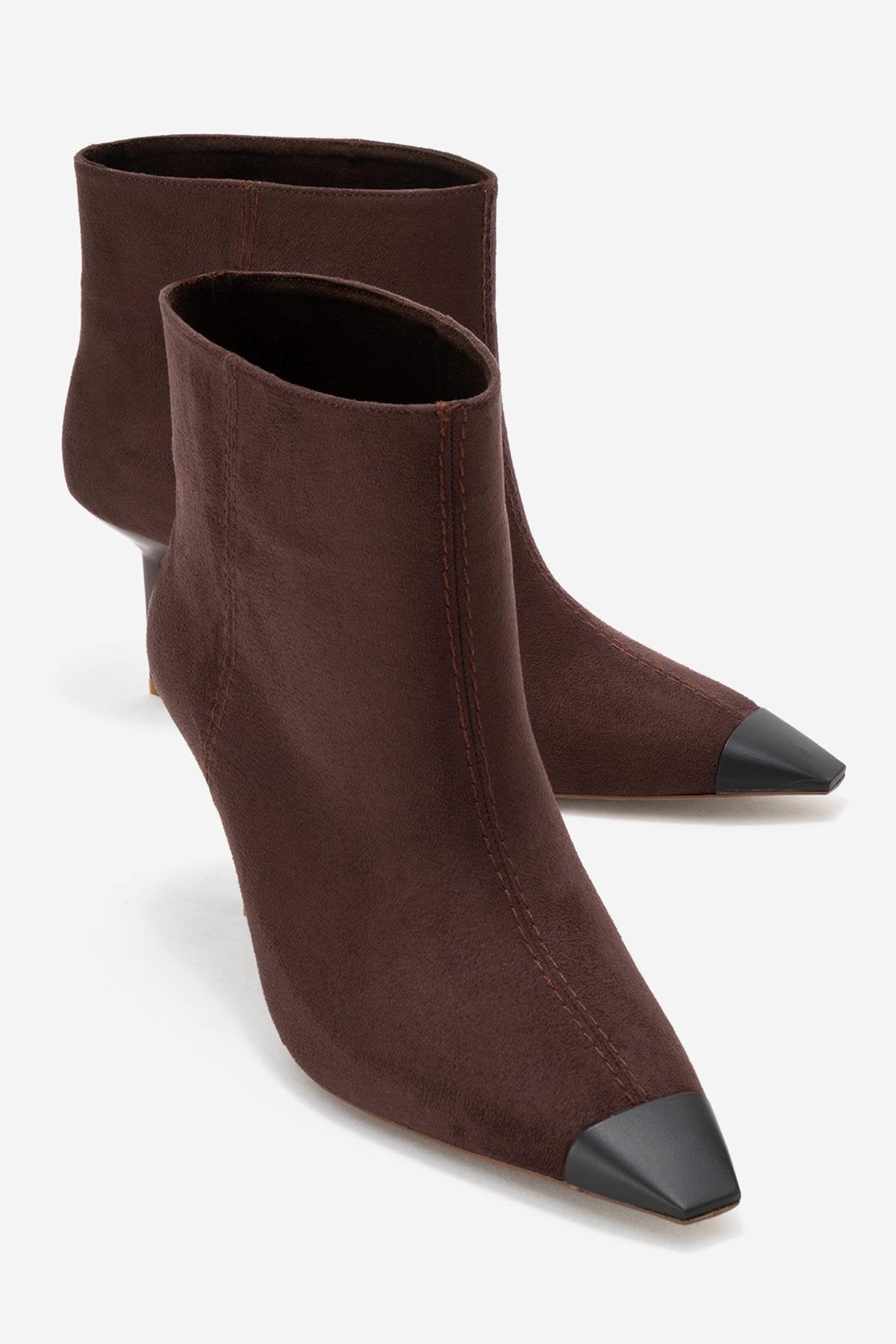 Rassel - Brown Suede Matte Toe Slim Heel Boot – front three-quarter view showing suede, SimmiUnique