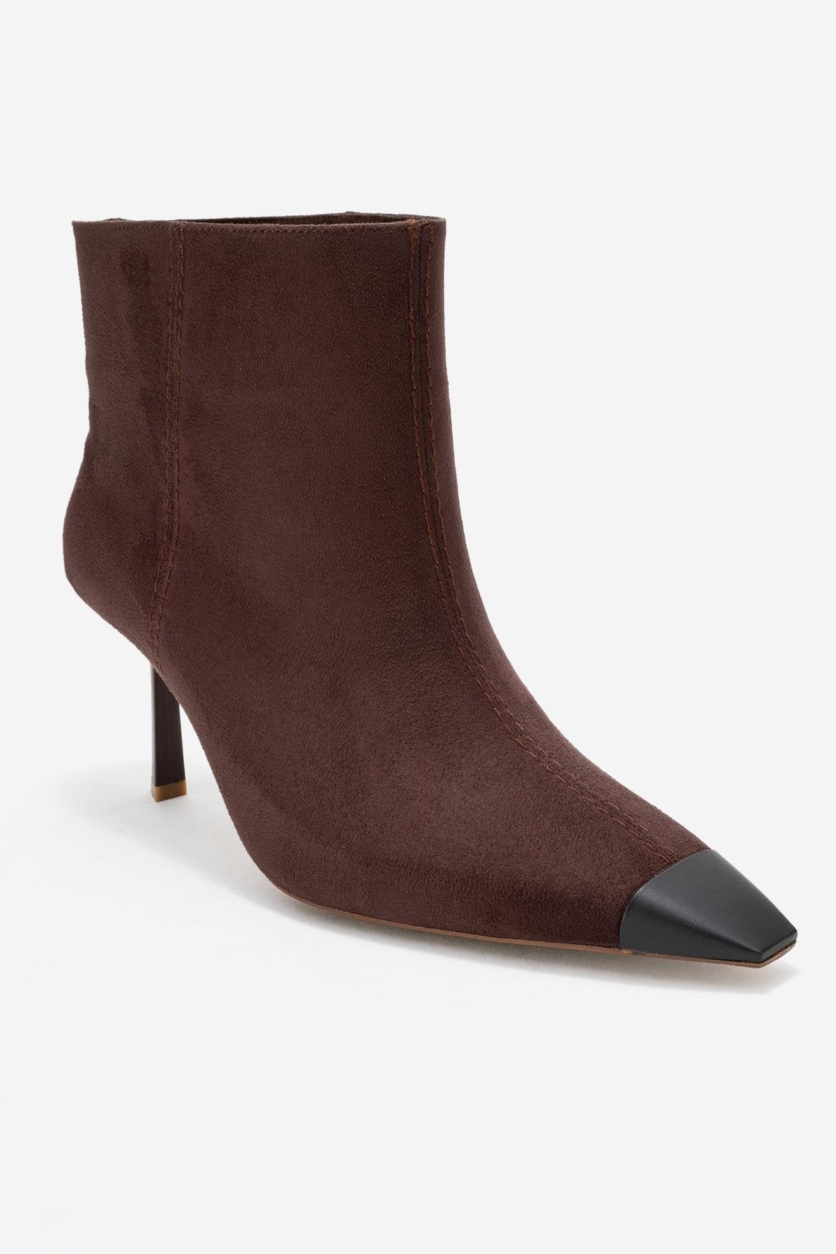 Rassel - Brown Suede Matte Toe Slim Heel Boot – detail view showing suede, SimmiUnique