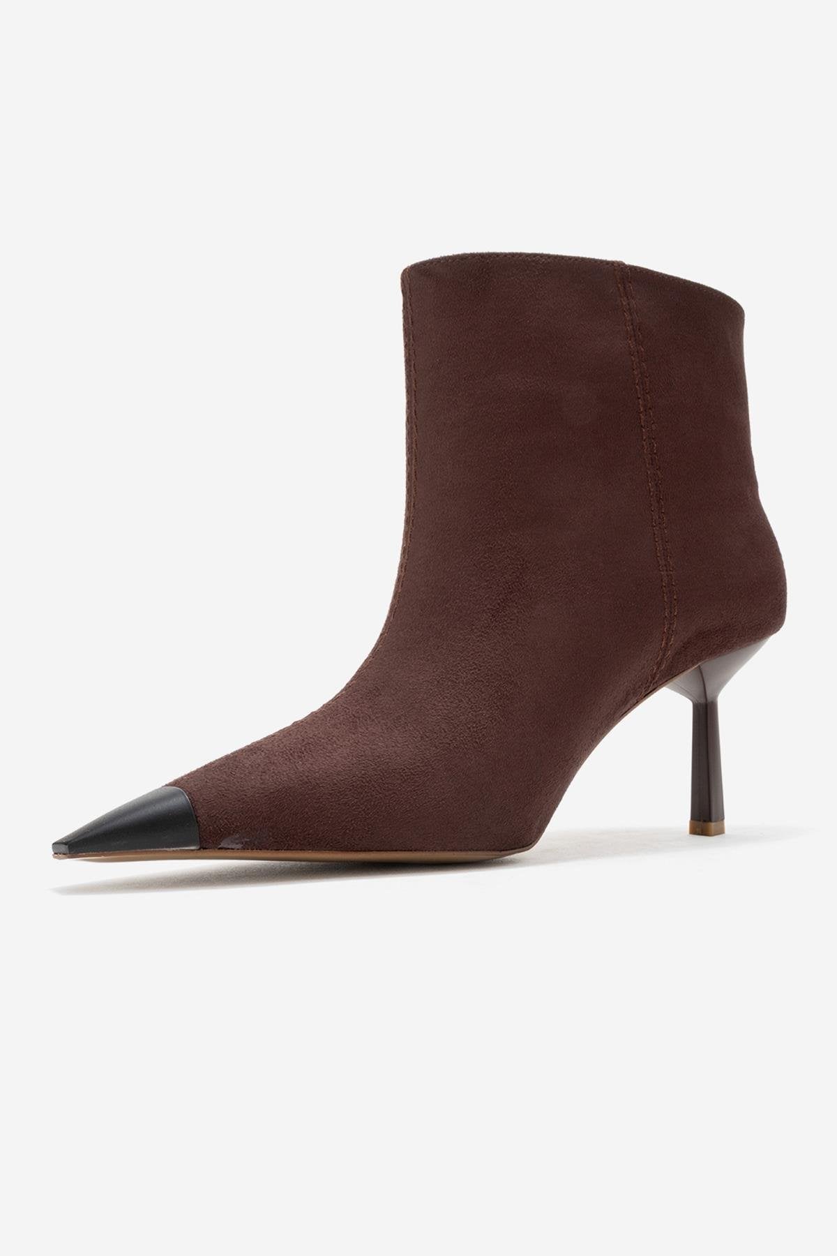 Rassel - Brown Suede Matte Toe Slim Heel Boot – heel view showing suede, SimmiUnique