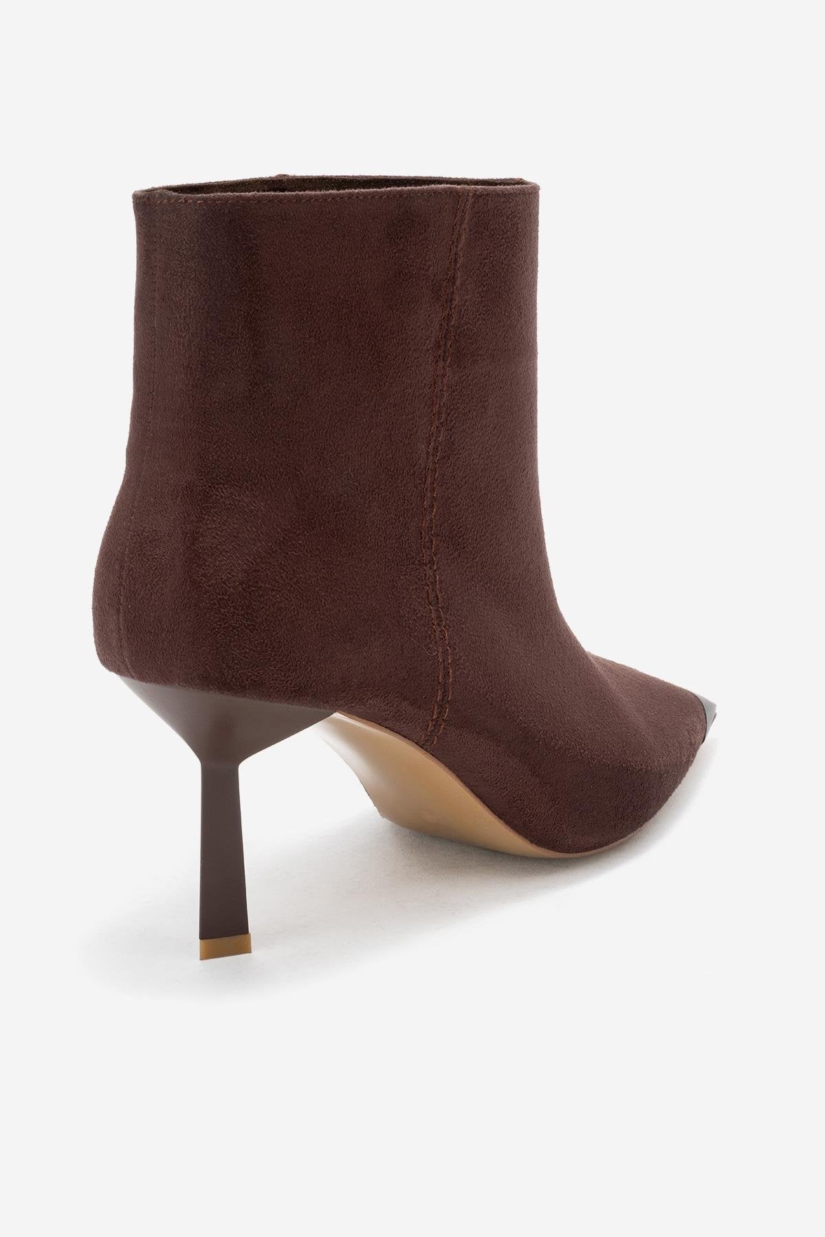Rassel - Brown Suede Matte Toe Slim Heel Boot – back view showing suede, SimmiUnique