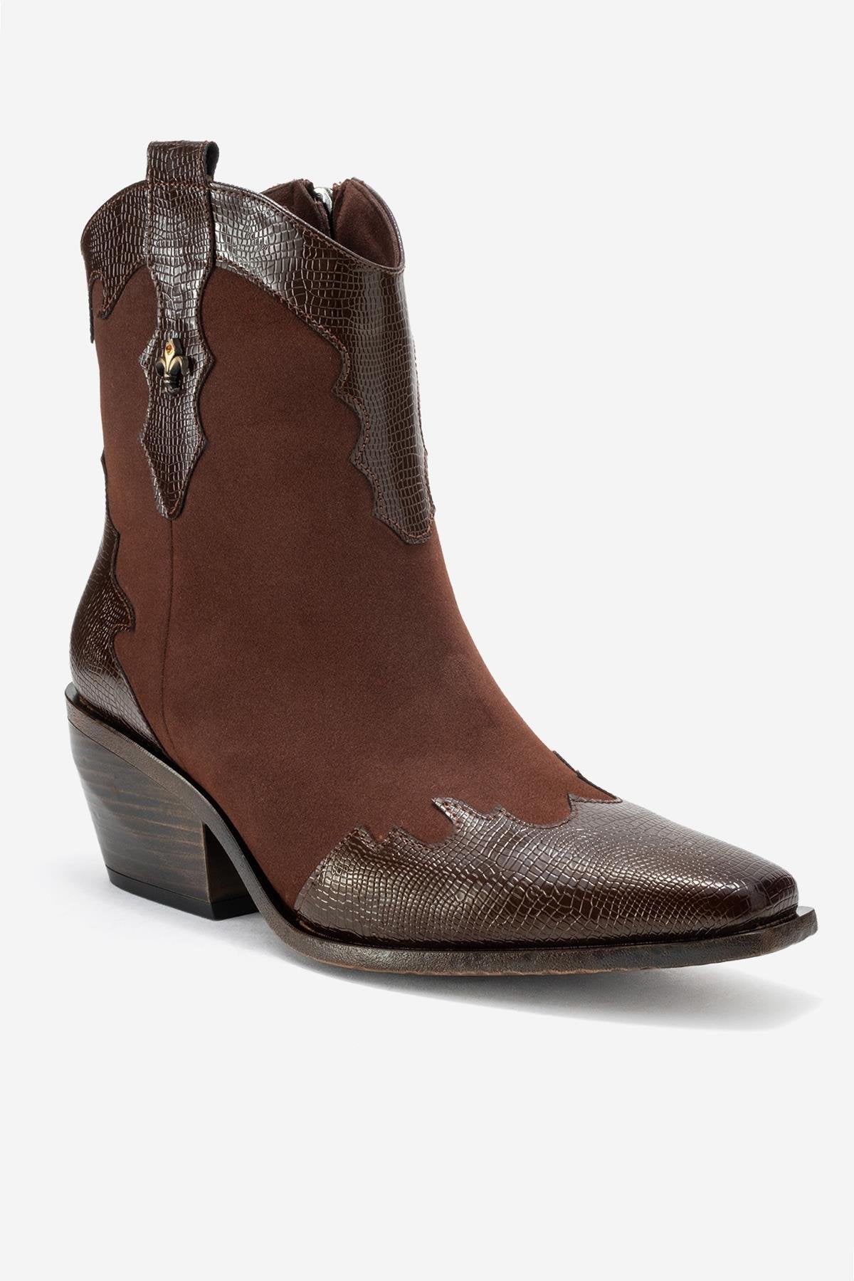 Loel - Brown Suede Patterned Chunky Western Boot – detail view showing leather, suede, SimmiUnique