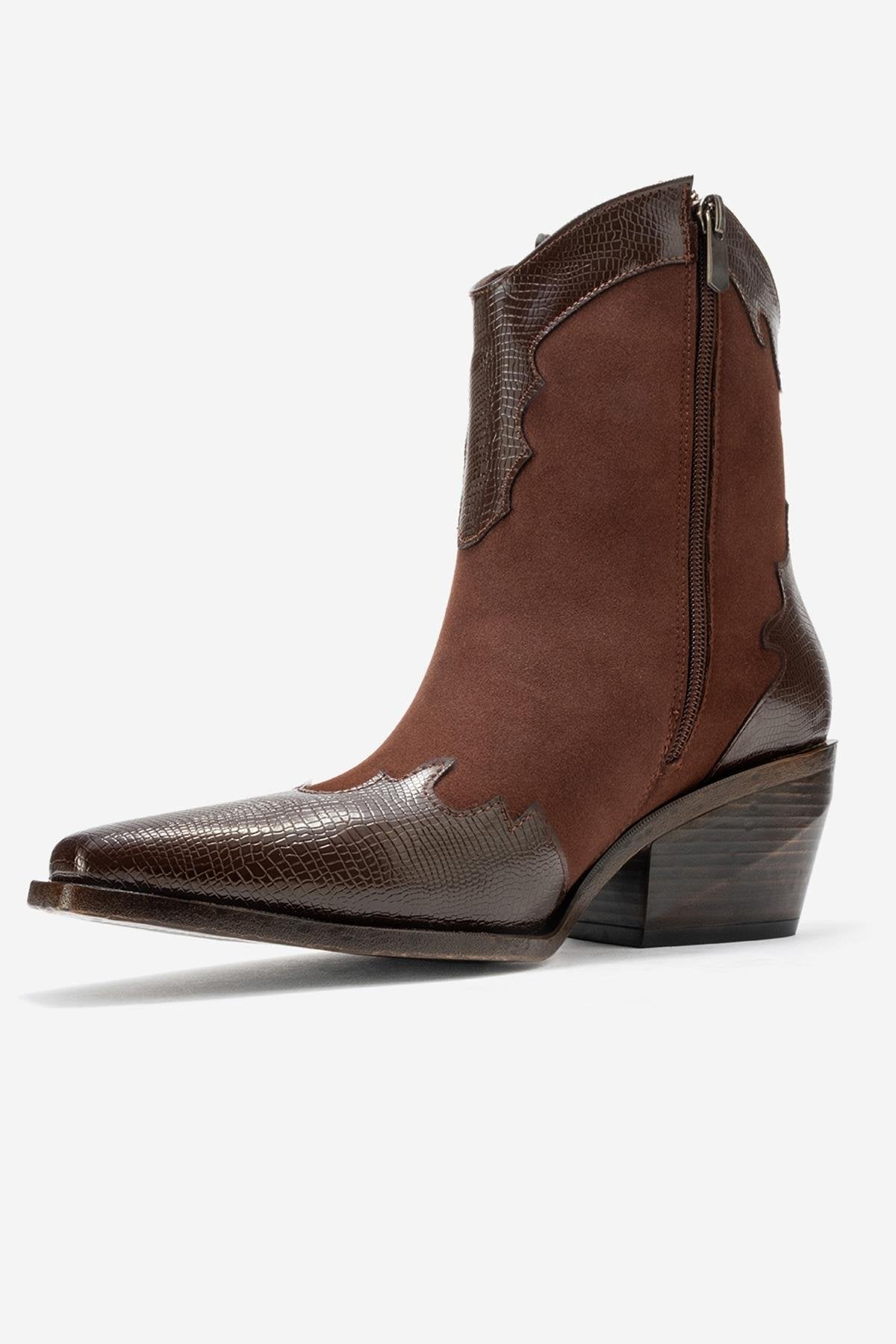 Loel - Brown Suede Patterned Chunky Western Boot – heel view showing leather, suede, SimmiUnique