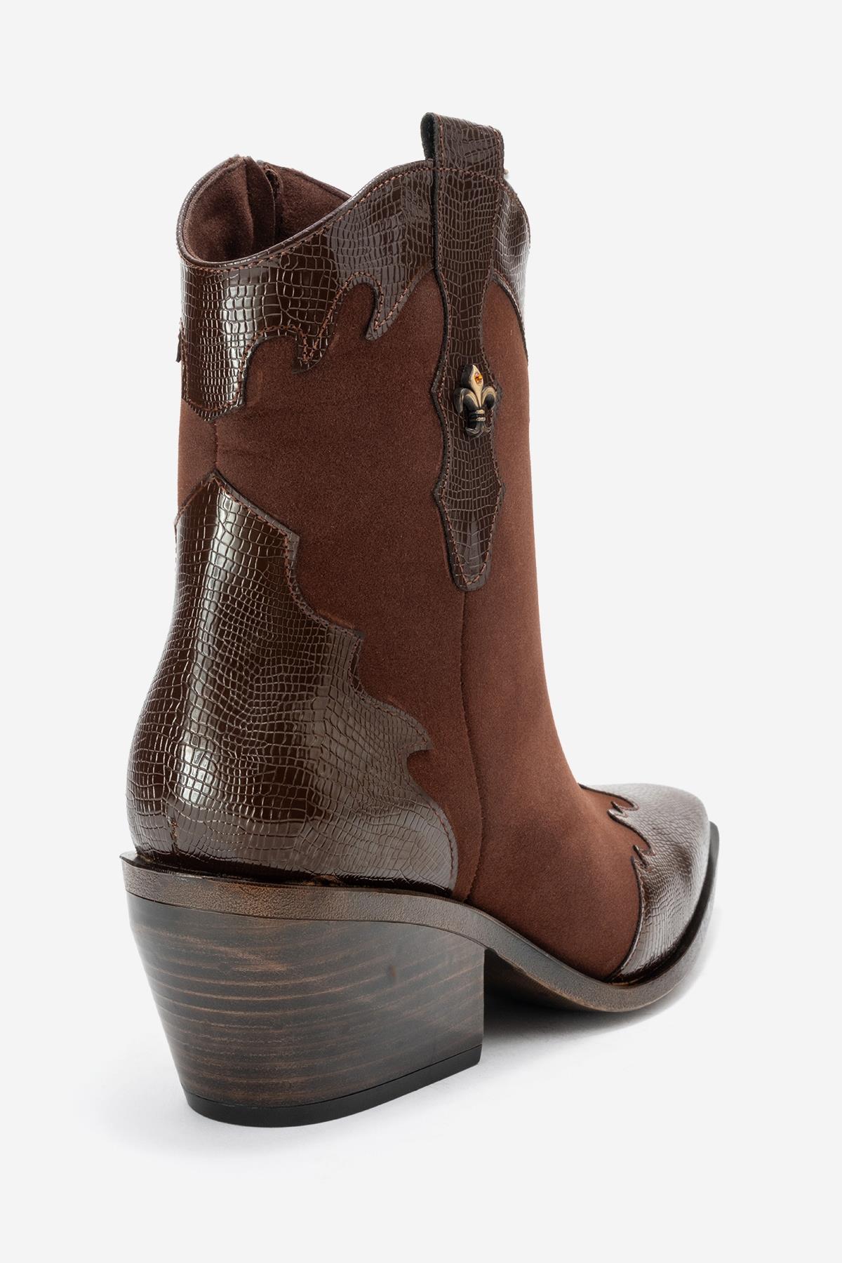 Loel - Brown Suede Patterned Chunky Western Boot – back view showing leather, suede, SimmiUnique