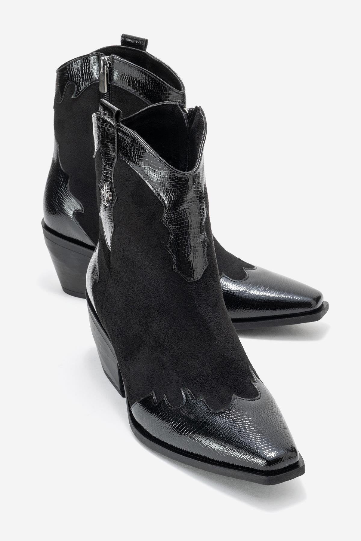 Loel - Black Suede Patterned Chunky Western Boot – front three-quarter view showing leather, suede, black, SimmiUnique