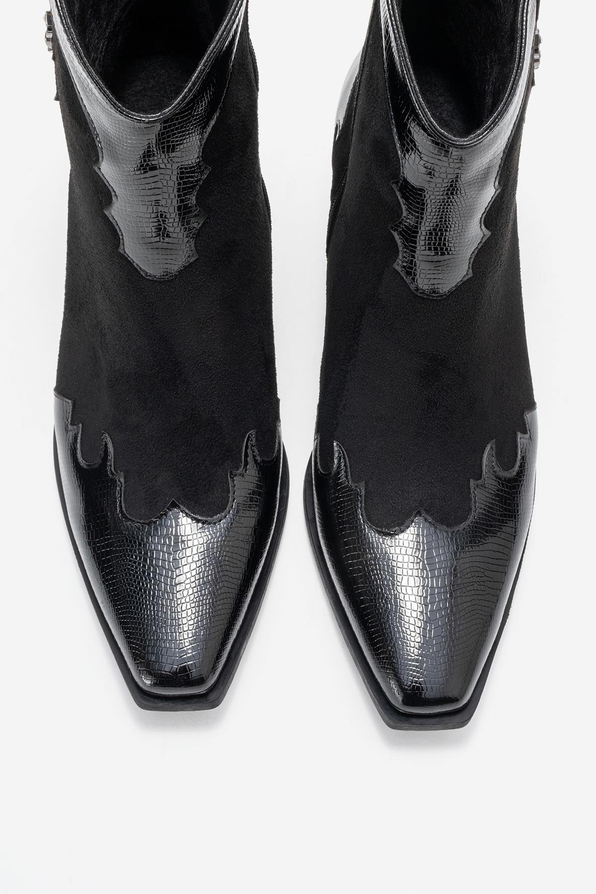 Loel - Black Suede Patterned Chunky Western Boot – side view showing leather, suede, black, SimmiUnique