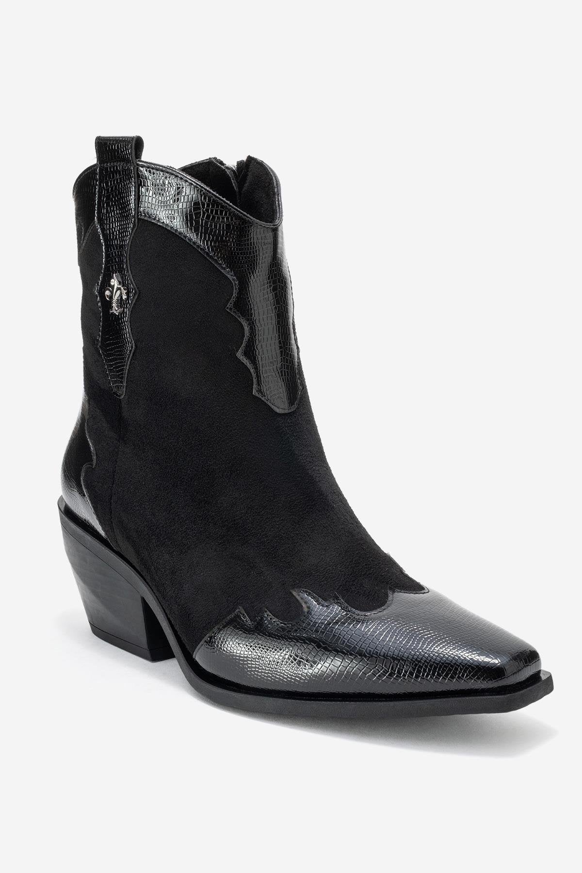 Loel - Black Suede Patterned Chunky Western Boot – detail view showing leather, suede, black, SimmiUnique