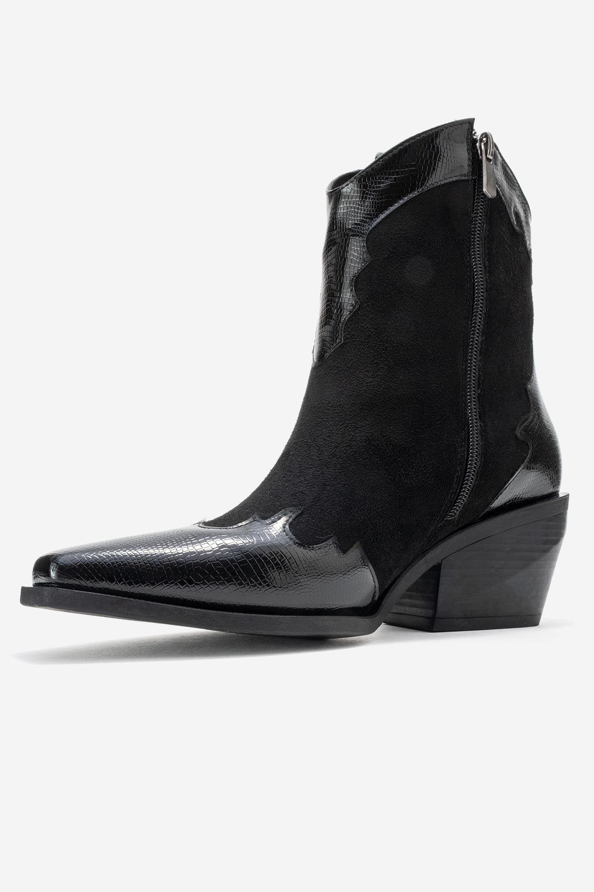 Loel - Black Suede Patterned Chunky Western Boot – heel view showing leather, suede, black, SimmiUnique