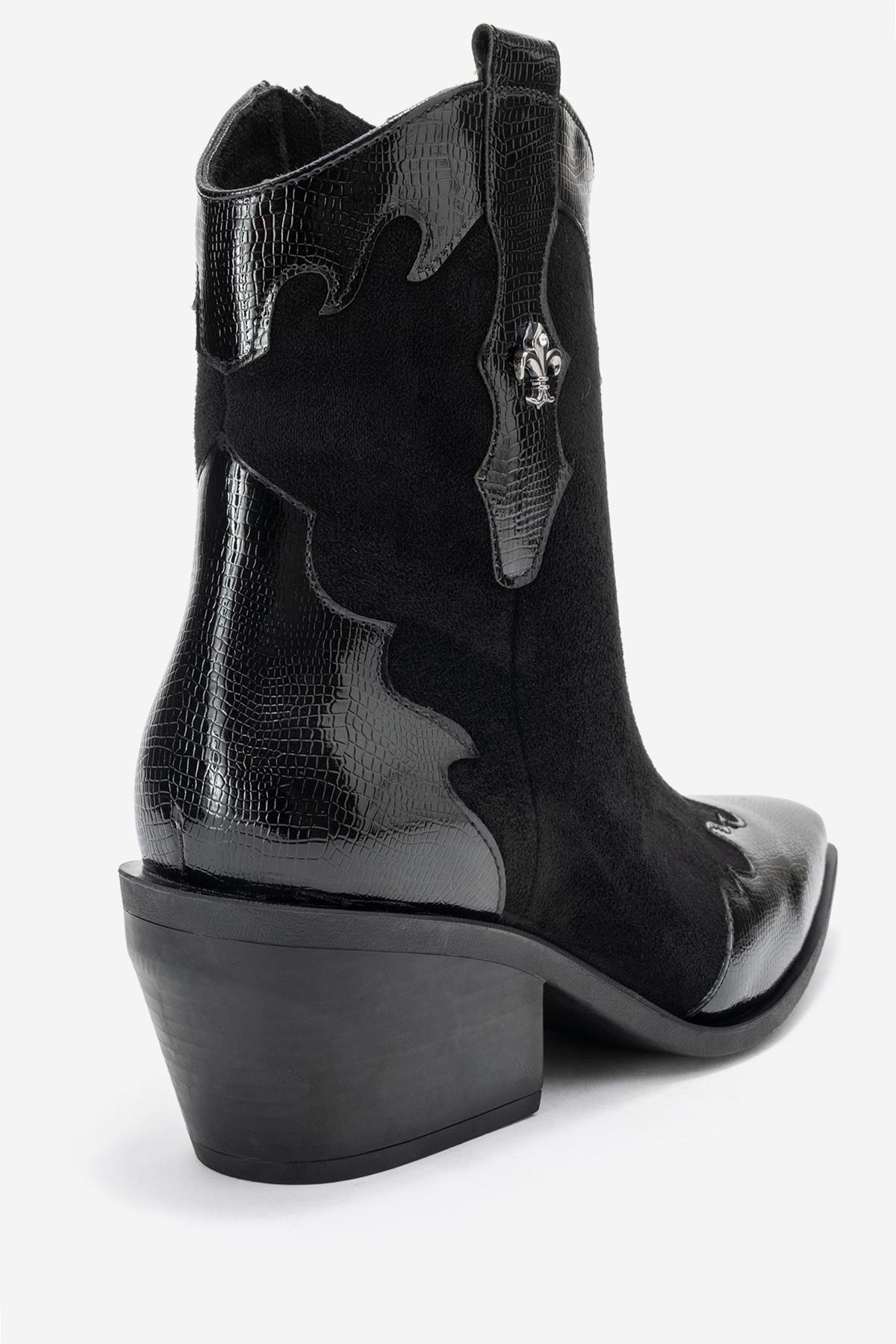 Loel - Black Suede Patterned Chunky Western Boot – back view showing leather, suede, black, SimmiUnique