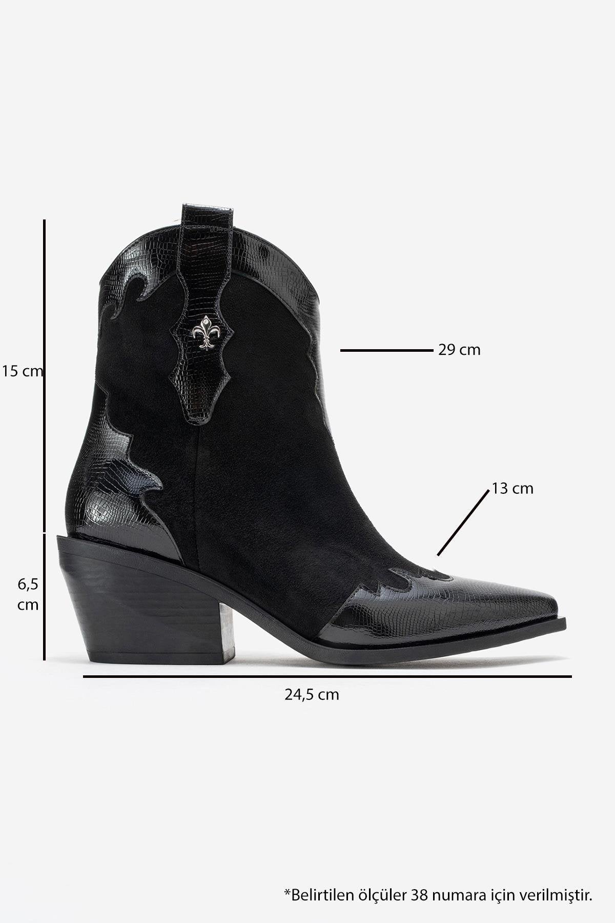 Loel - Black Suede Patterned Chunky Western Boot – top view showing leather, suede, black, SimmiUnique