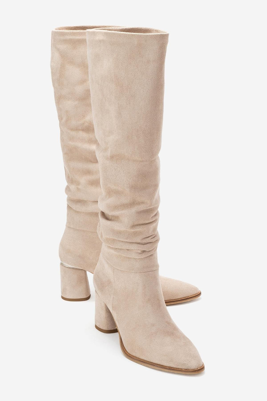 120 - Beige Suede Gusseted Block Heel Knee-High Boot
