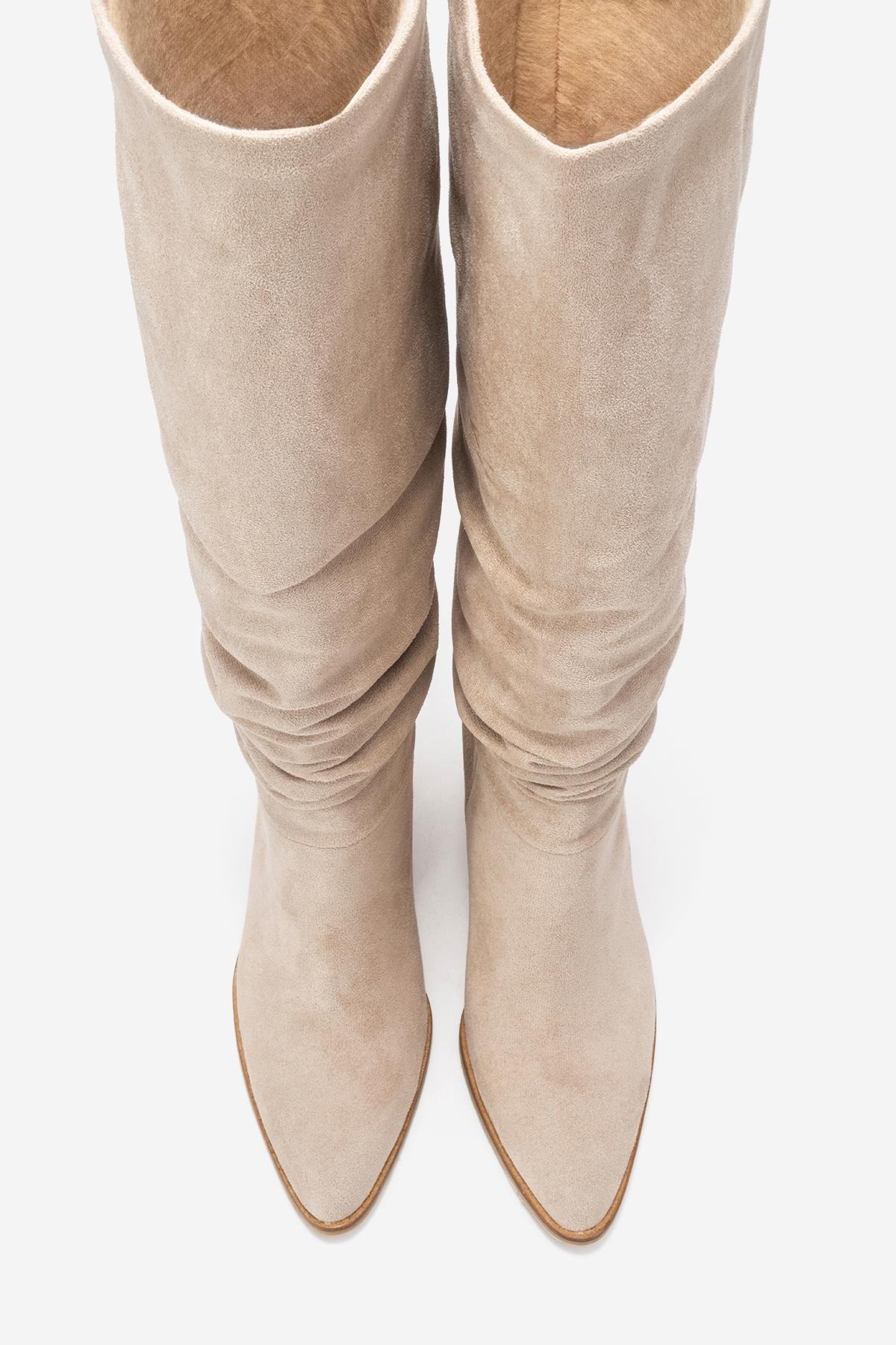 120 - Beige Suede Gusseted Block Heel Knee-High Boot – side view showing leather, suede, red, SimmiUnique