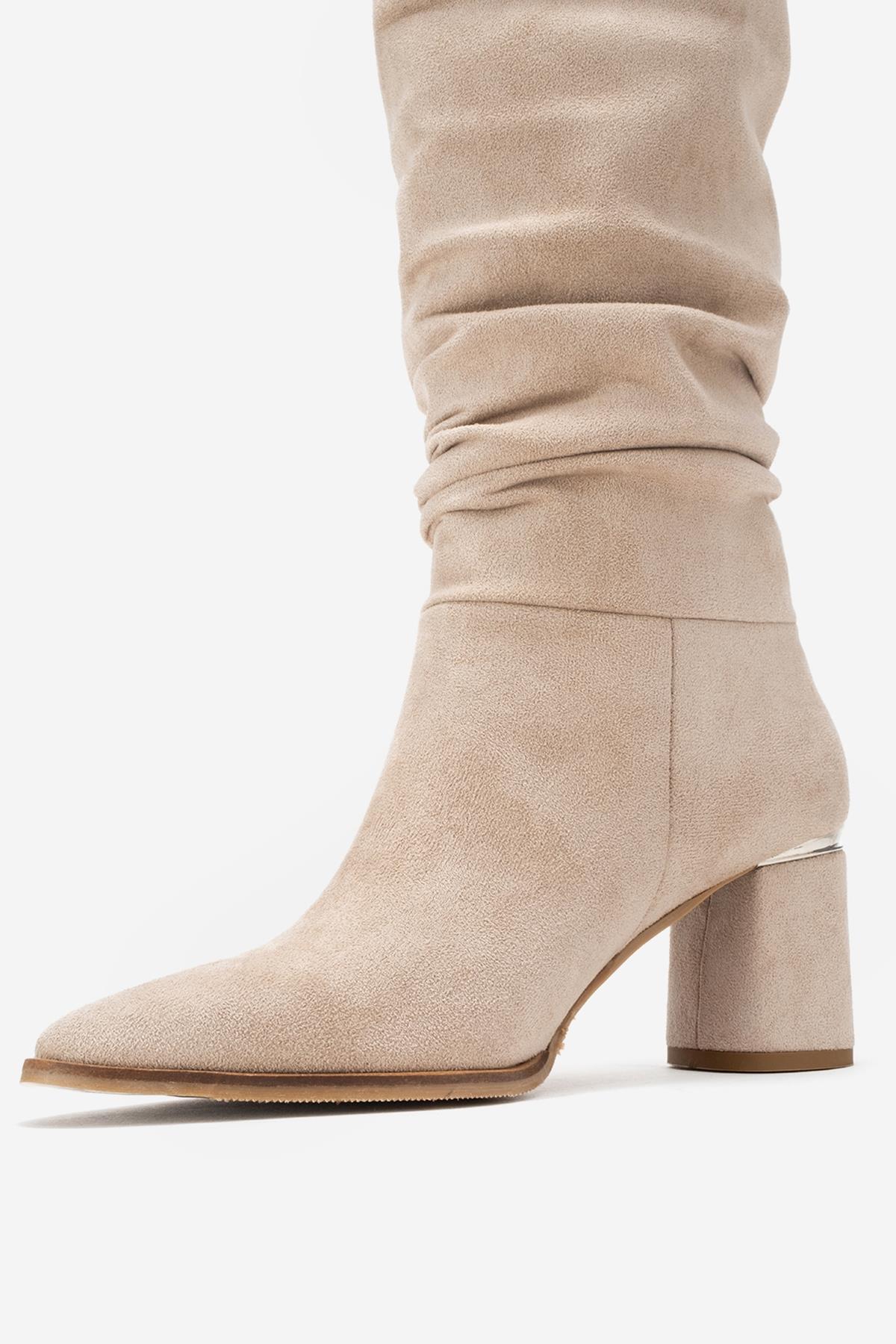 120 - Beige Suede Gusseted Block Heel Knee-High Boot – heel view showing leather, suede, red, SimmiUnique