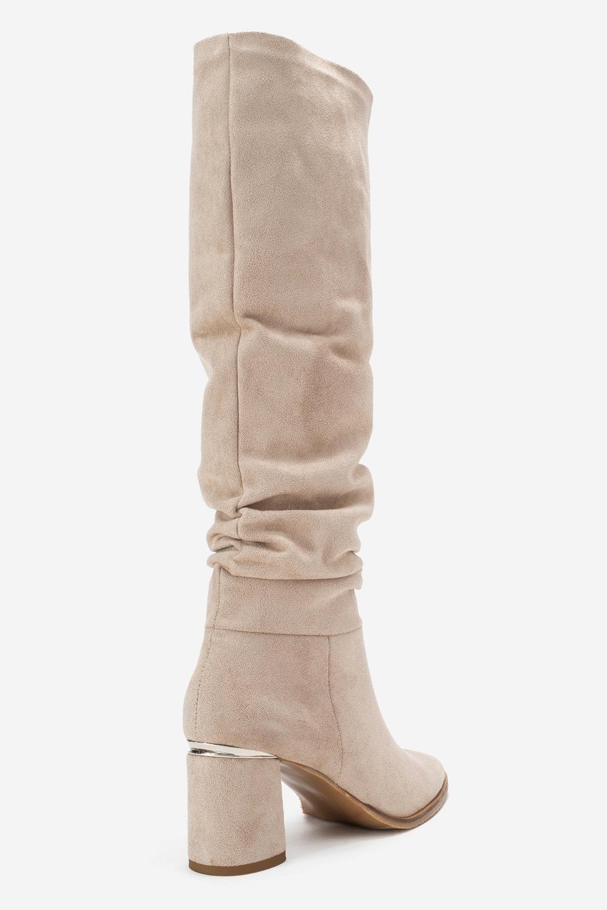 120 - Beige Suede Gusseted Block Heel Knee-High Boot – back view showing leather, suede, red, SimmiUnique