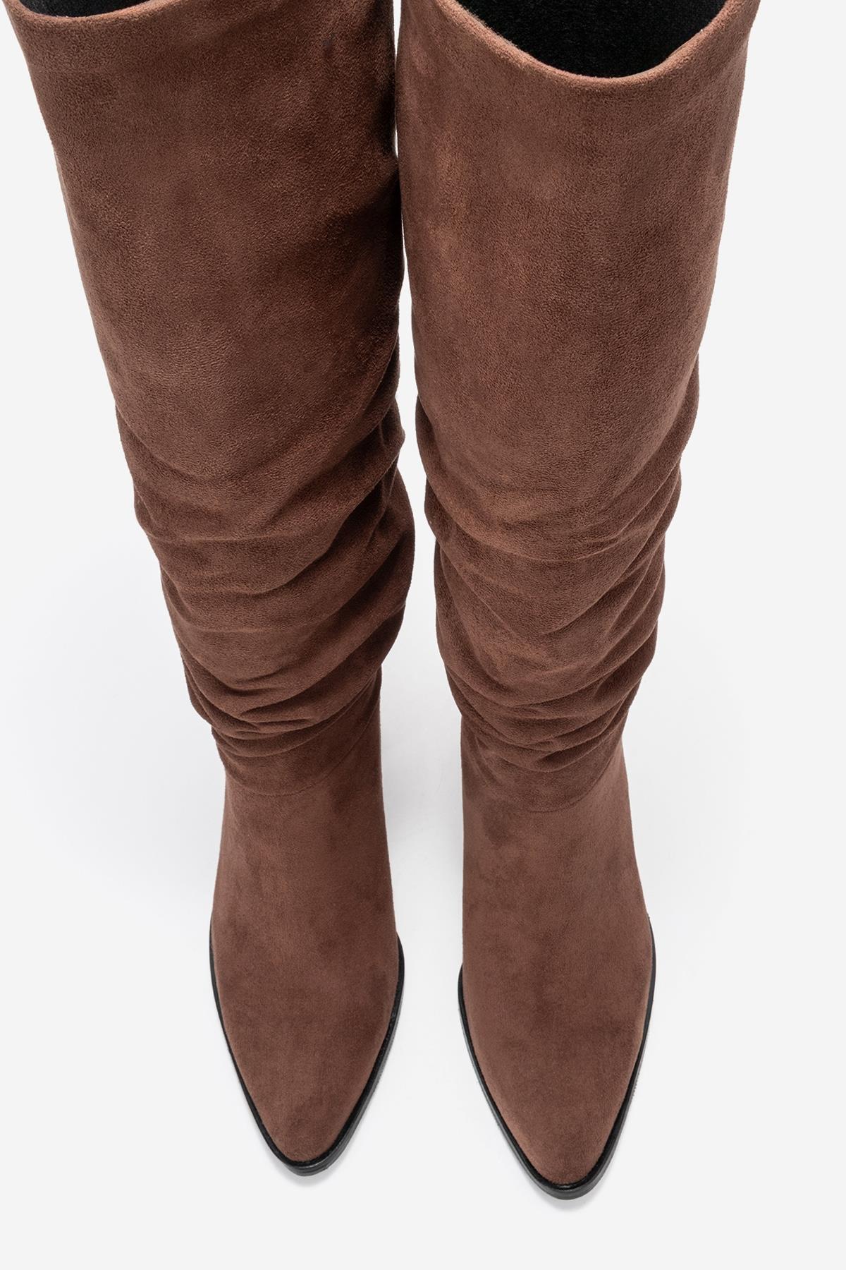 120 - Brown Suede Gusseted Block Heel Knee-High Boot – side view showing suede, SimmiUnique
