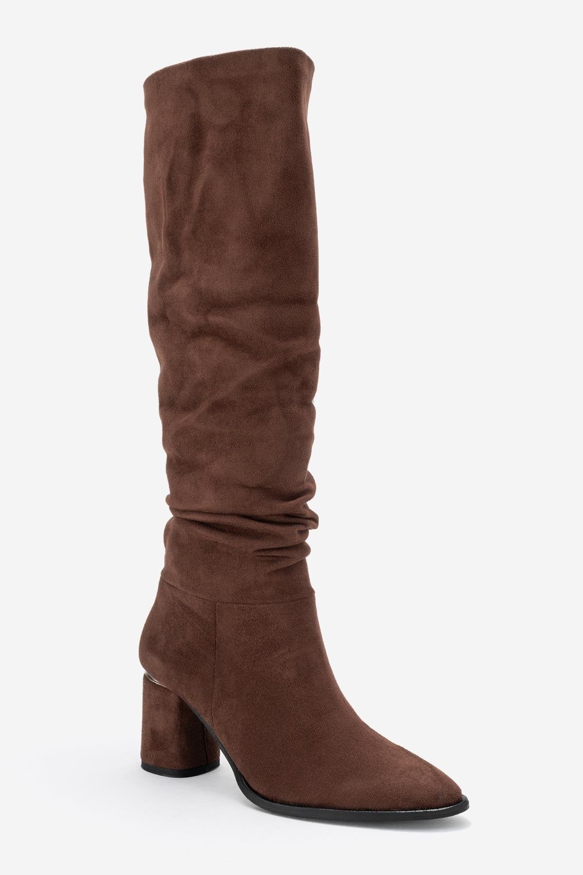 120 - Brown Suede Gusseted Block Heel Knee-High Boot – detail view showing suede, SimmiUnique