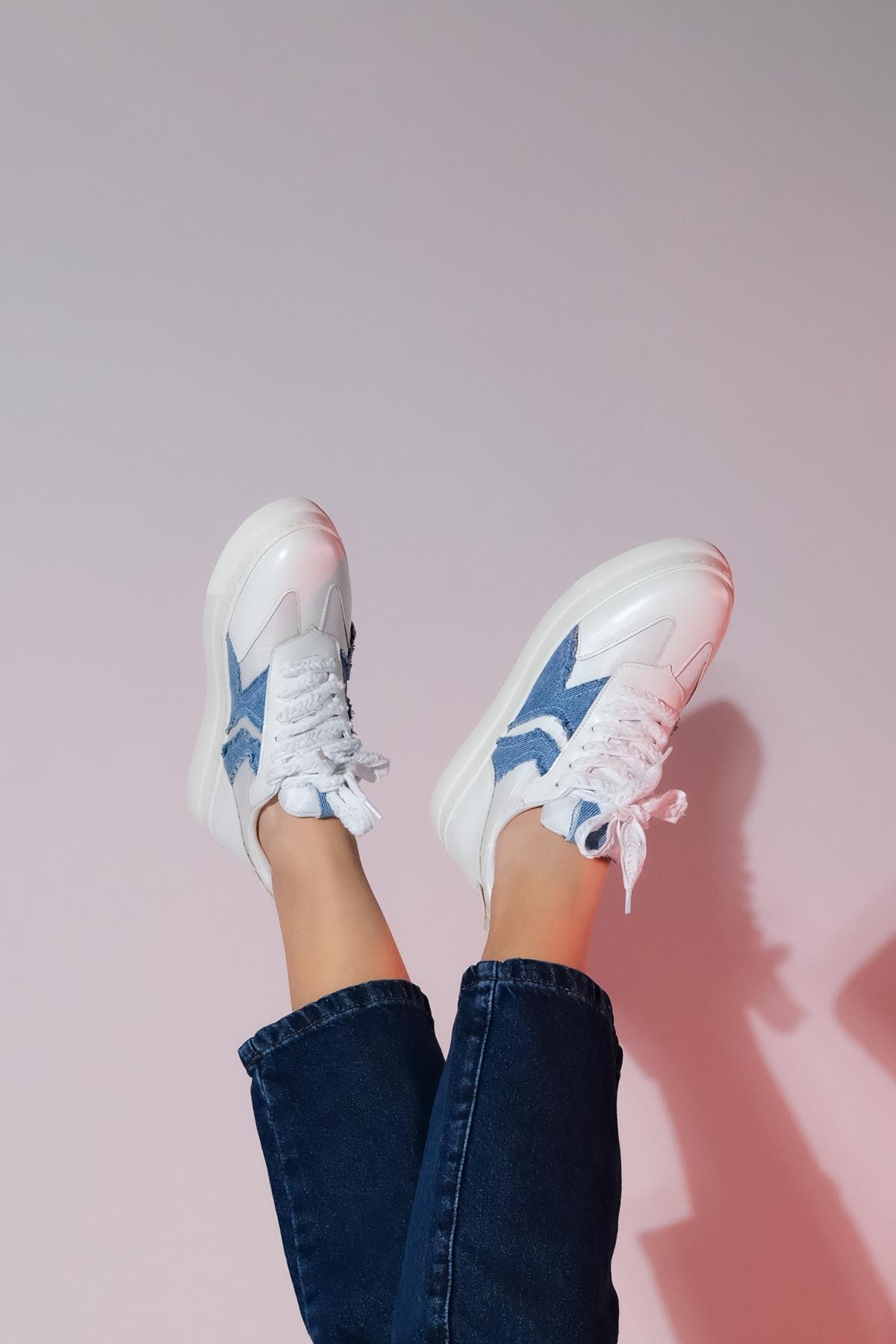 Sande - White Denim Detail Sport Sneaker – side view showing leather, white, SimmiUnique