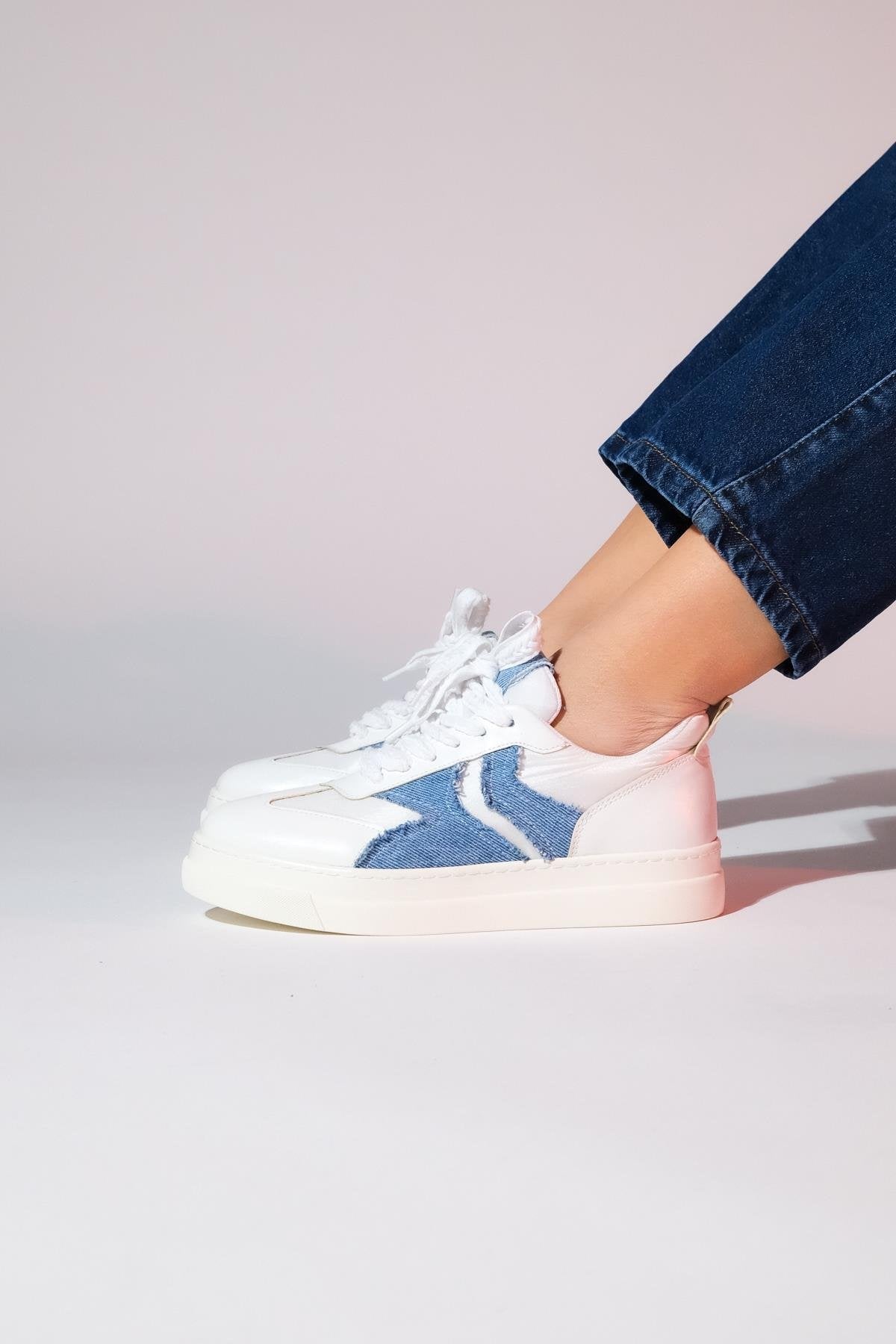 Sande - White Denim Detail Sport Sneaker – detail view showing leather, white, SimmiUnique