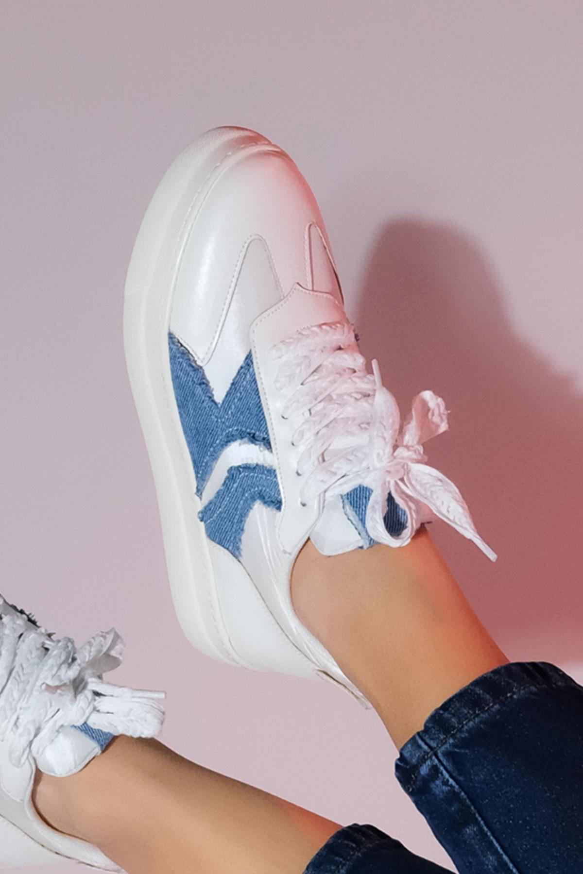 Sande - White Denim Detail Sport Sneaker – back view showing leather, white, SimmiUnique