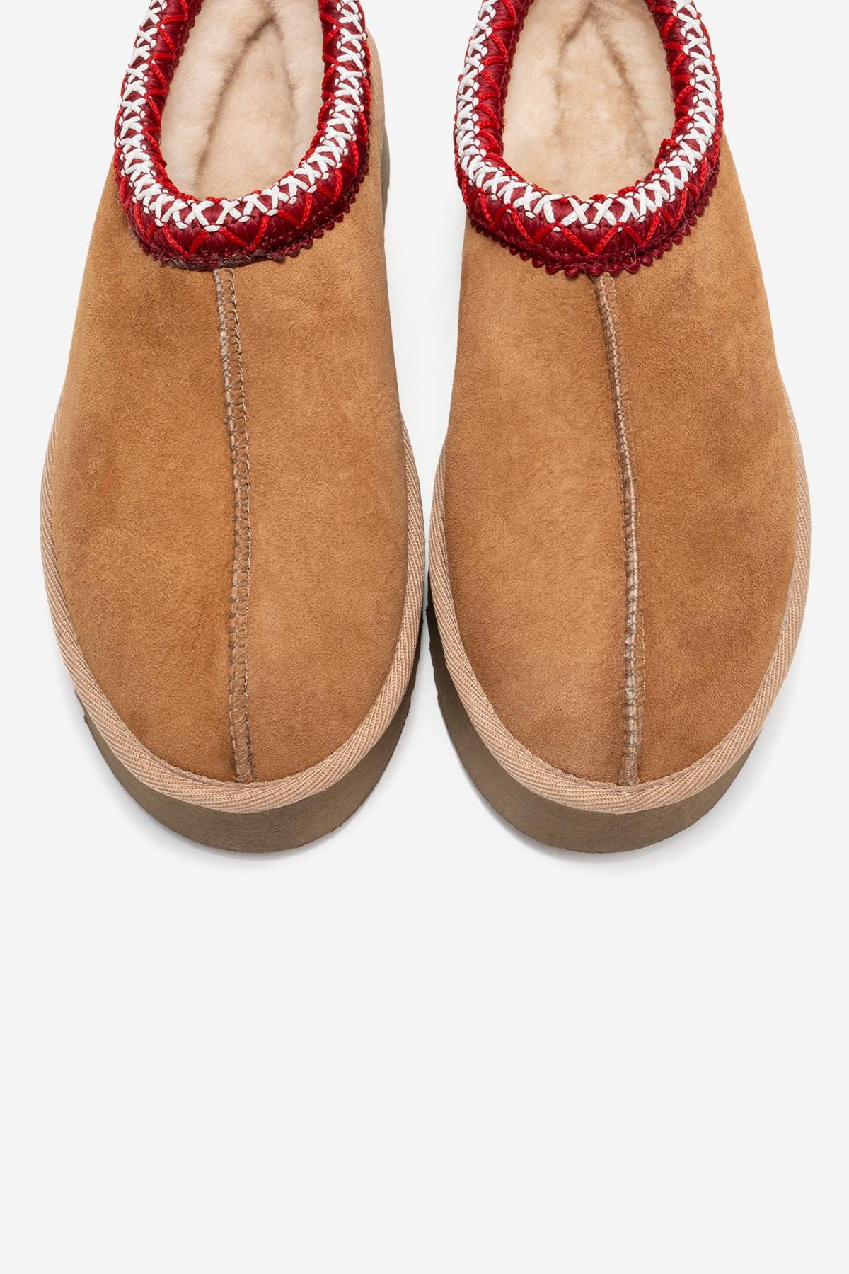 Avelia - Cognac Suede Genuine Leather Thick-Soled Winter Slipper – side view showing leather, suede, SimmiUnique