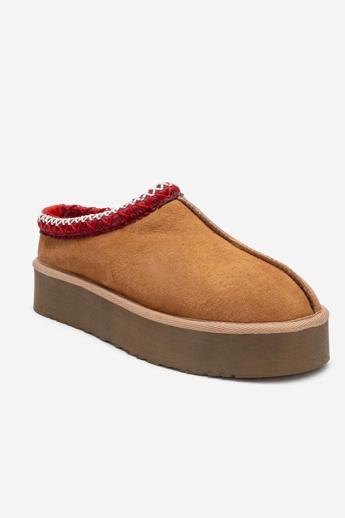 Avelia - Cognac Suede Genuine Leather Thick-Soled Winter Slipper – detail view showing leather, suede, SimmiUnique