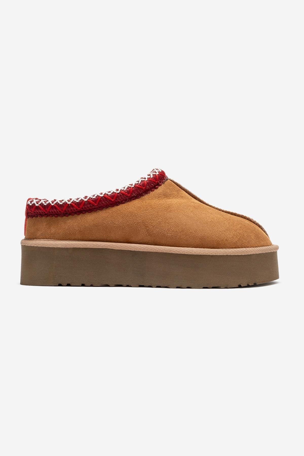Avelia - Cognac Suede Genuine Leather Thick-Soled Winter Slipper – top view showing leather, suede, SimmiUnique