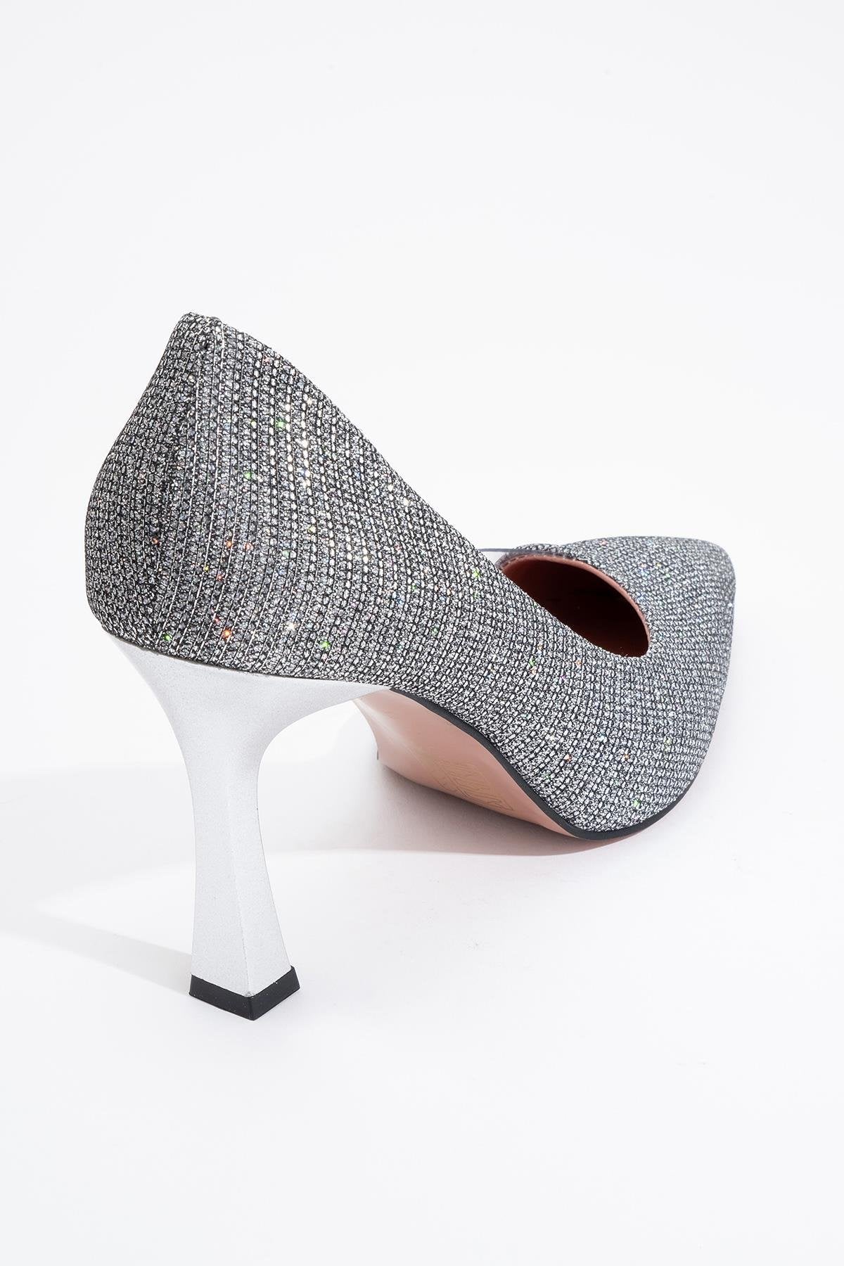 Ursula - Platinum Metallic Heeled Shoe – detail view showing leather, metallic, SimmiUnique