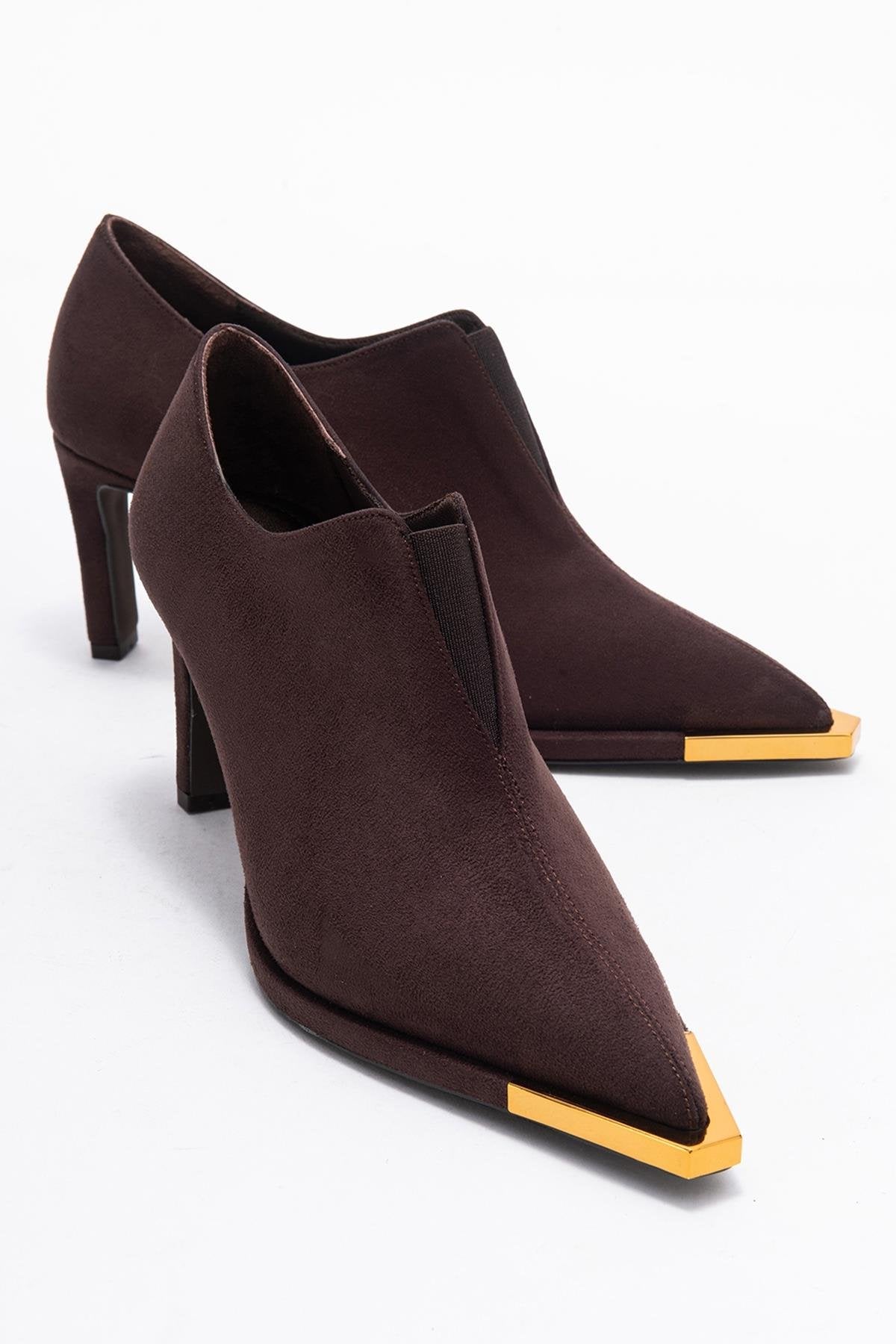 Niva - Brown Suede Gold-Detail Elastic Ankle-Heeled Shoe – front three-quarter view showing suede, gold, SimmiUnique