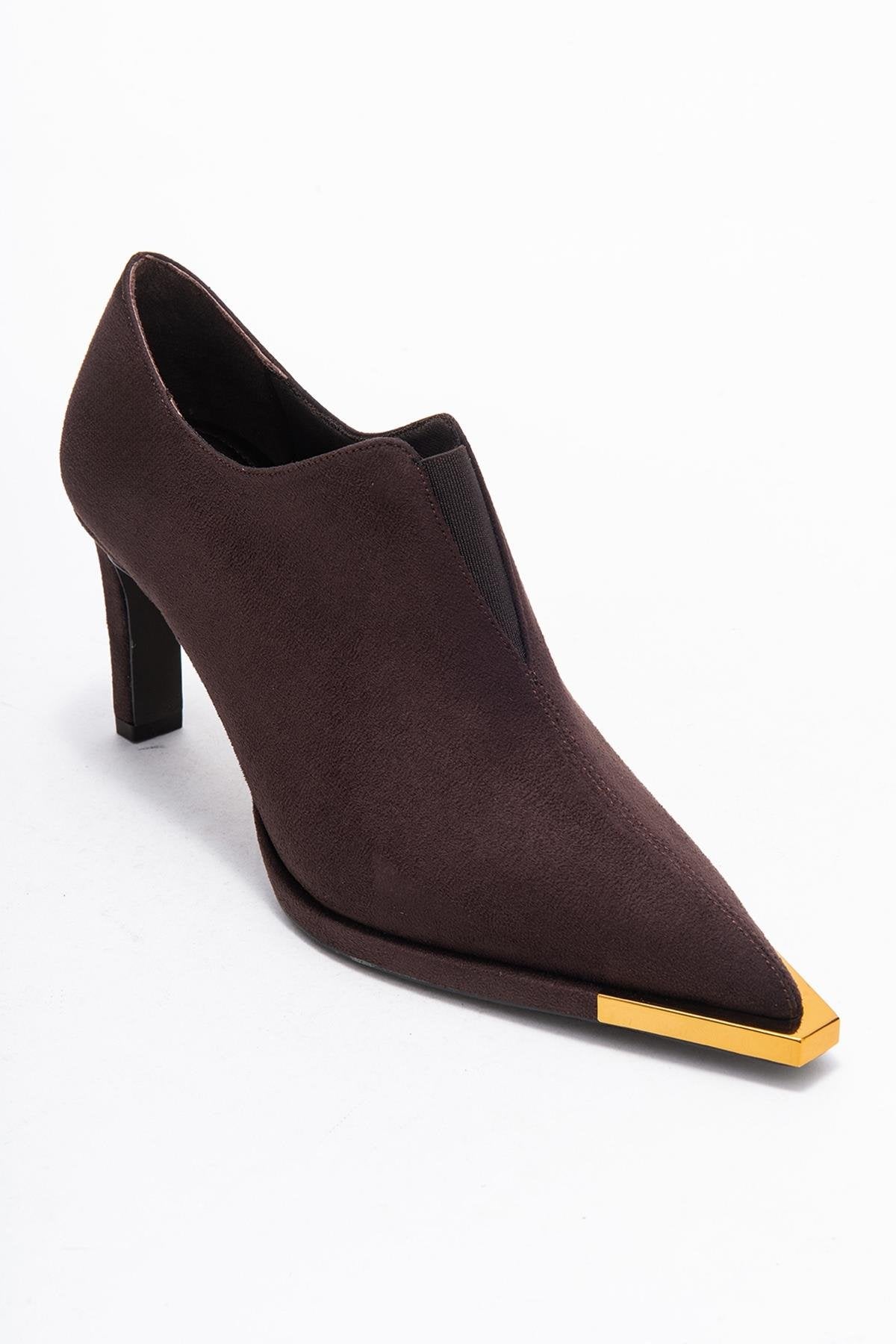 Niva - Brown Suede Gold-Detail Elastic Ankle-Heeled Shoe – detail view showing suede, gold, SimmiUnique