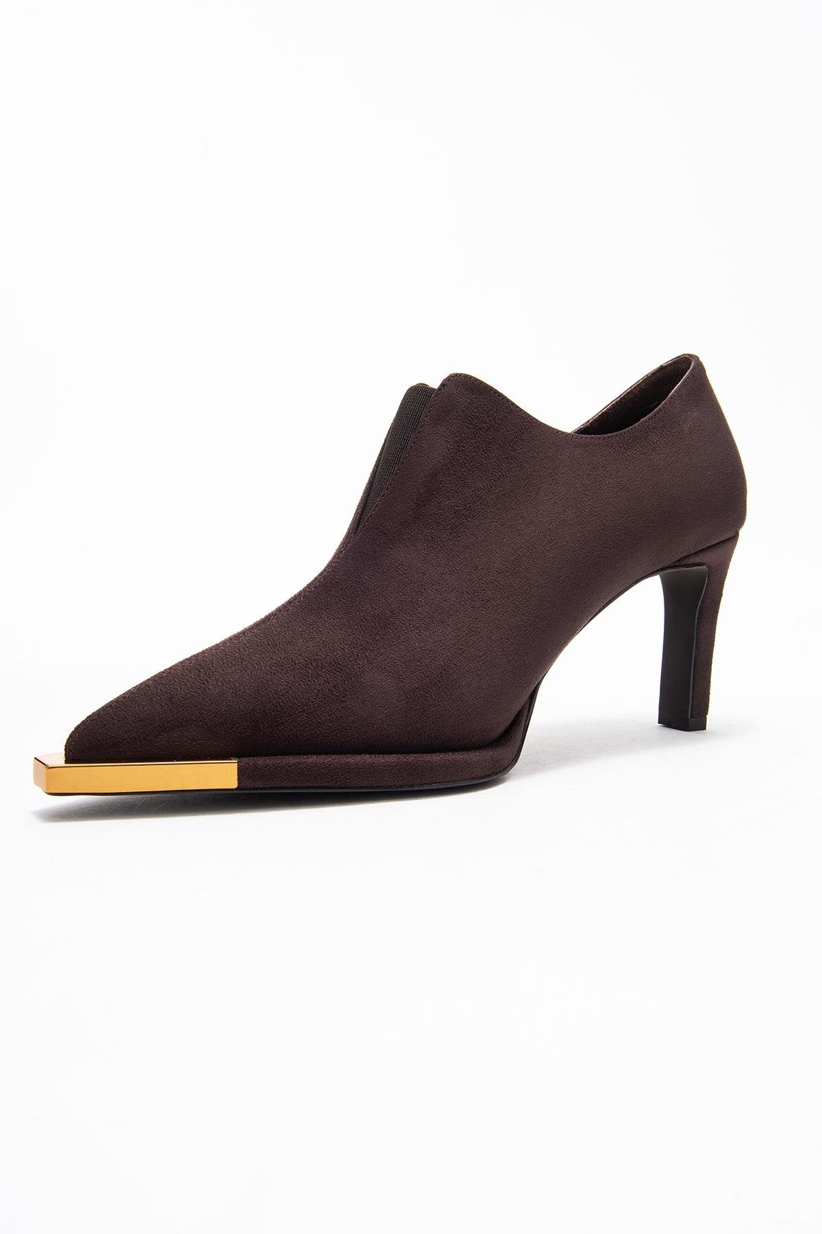 Niva - Brown Suede Gold-Detail Elastic Ankle-Heeled Shoe – heel view showing suede, gold, SimmiUnique
