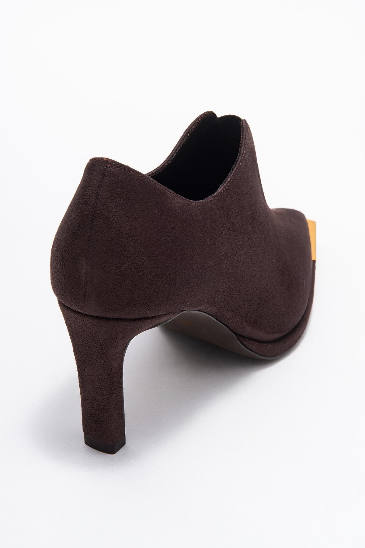 Niva - Brown Suede Gold-Detail Elastic Ankle-Heeled Shoe – back view showing suede, gold, SimmiUnique