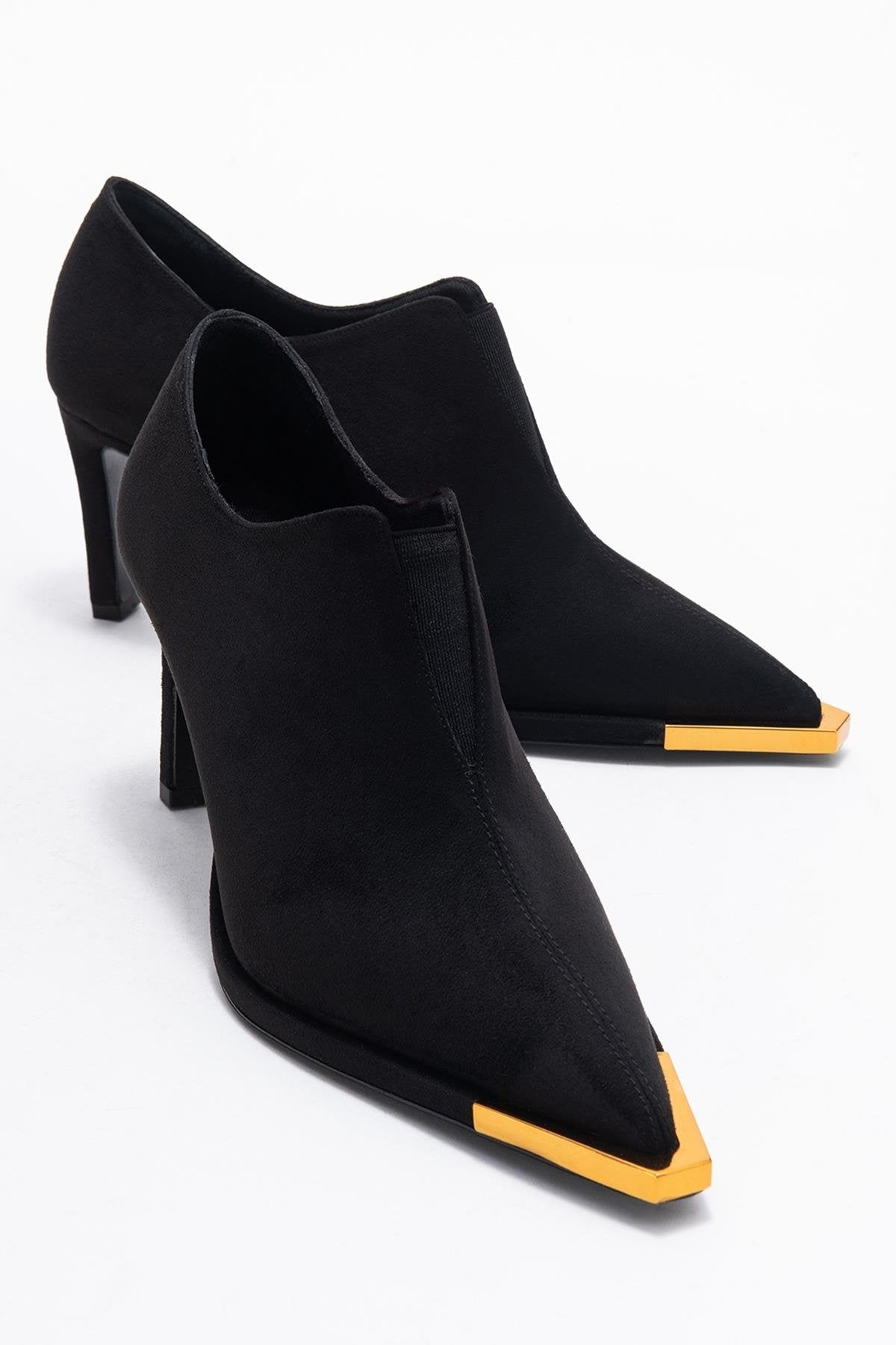 Niva - Black Suede Gold-Detail Elastic Ankle-Heeled Shoe – front three-quarter view showing velvet, suede, black, SimmiUnique