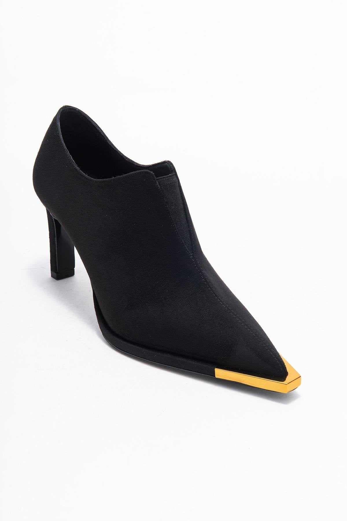 Niva - Black Suede Gold-Detail Elastic Ankle-Heeled Shoe – detail view showing velvet, suede, black, SimmiUnique