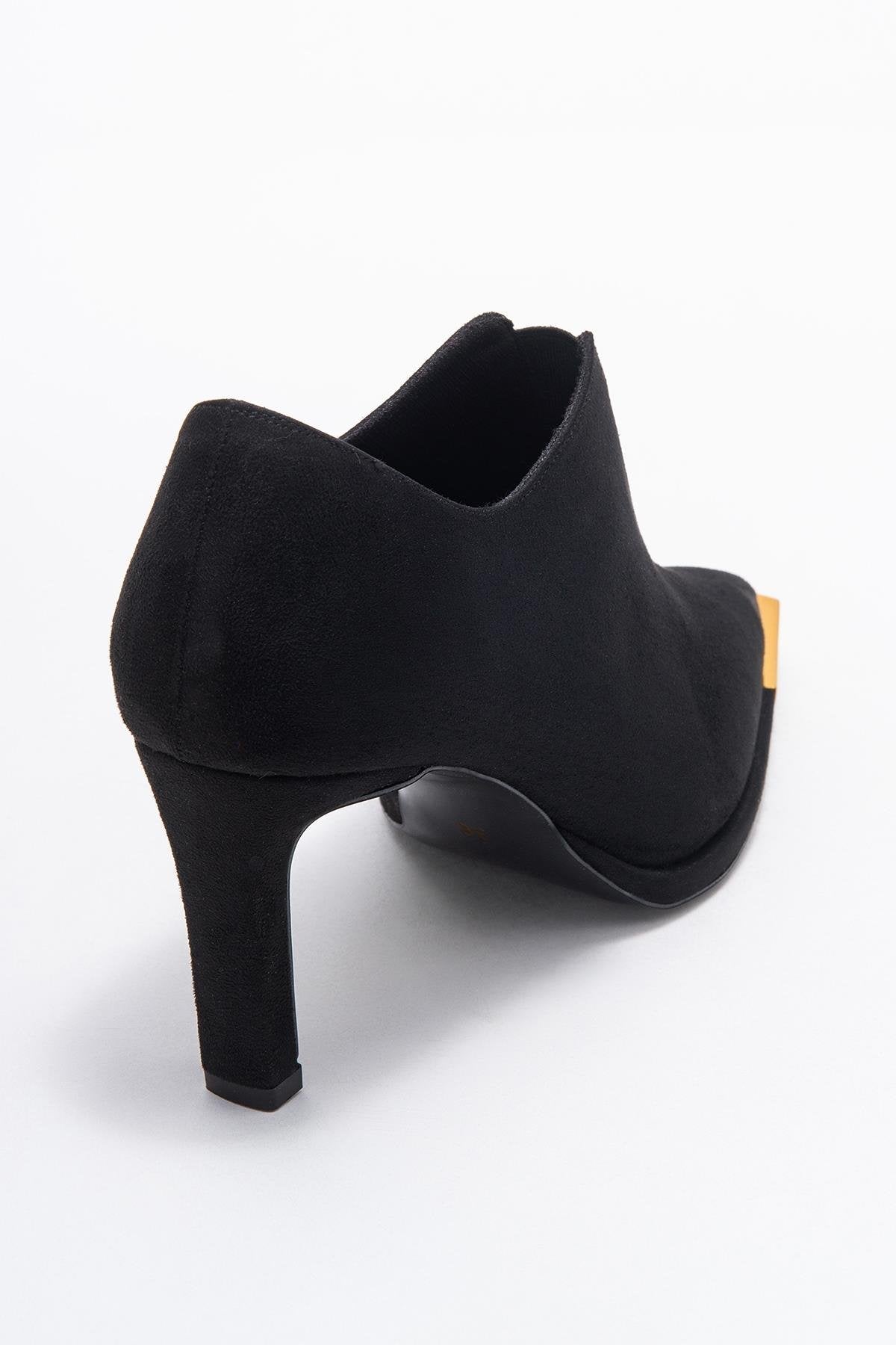 Niva - Black Suede Gold-Detail Elastic Ankle-Heeled Shoe – back view showing velvet, suede, black, SimmiUnique