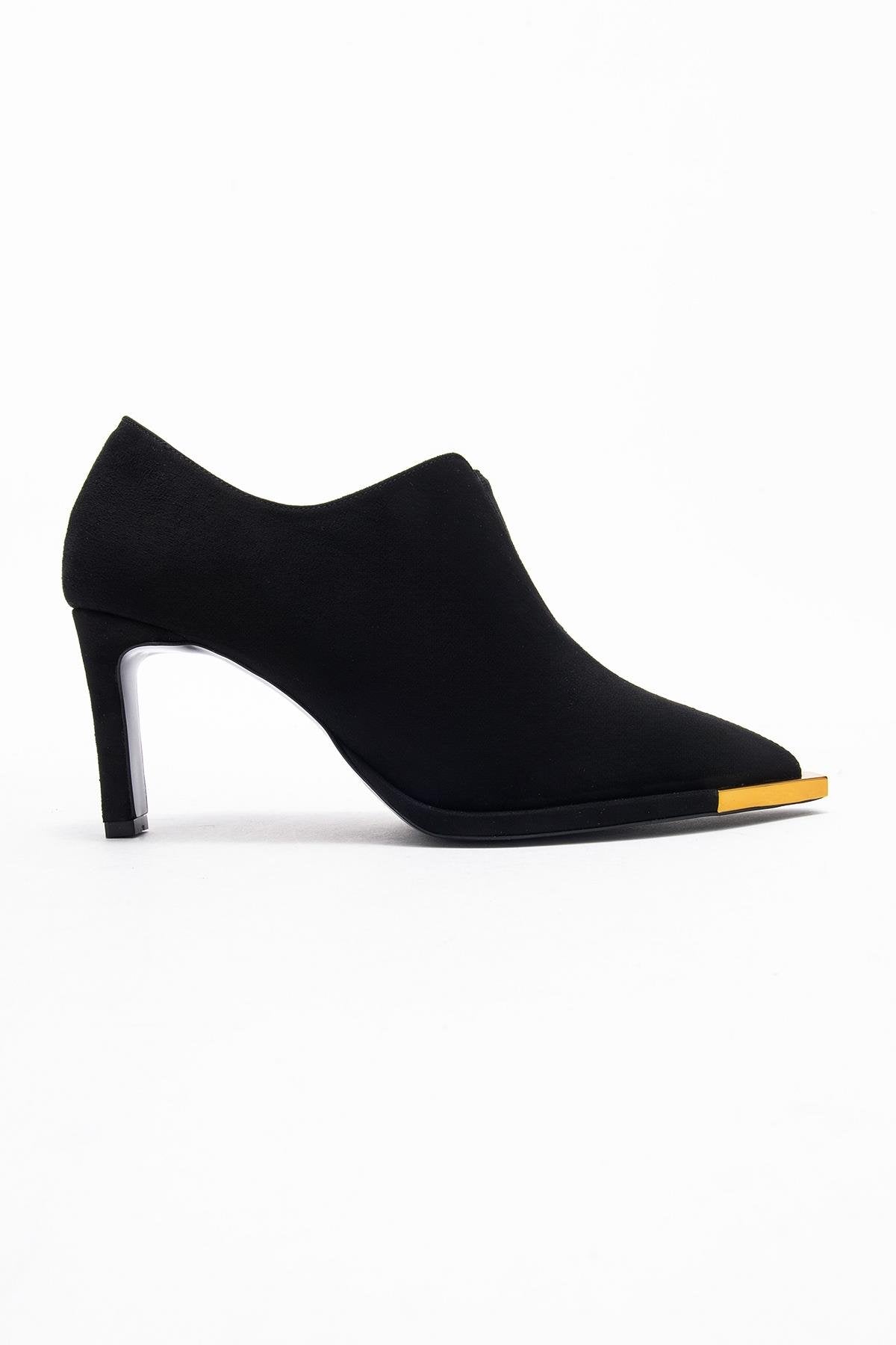 Niva - Black Suede Gold-Detail Elastic Ankle-Heeled Shoe – top view showing velvet, suede, black, SimmiUnique