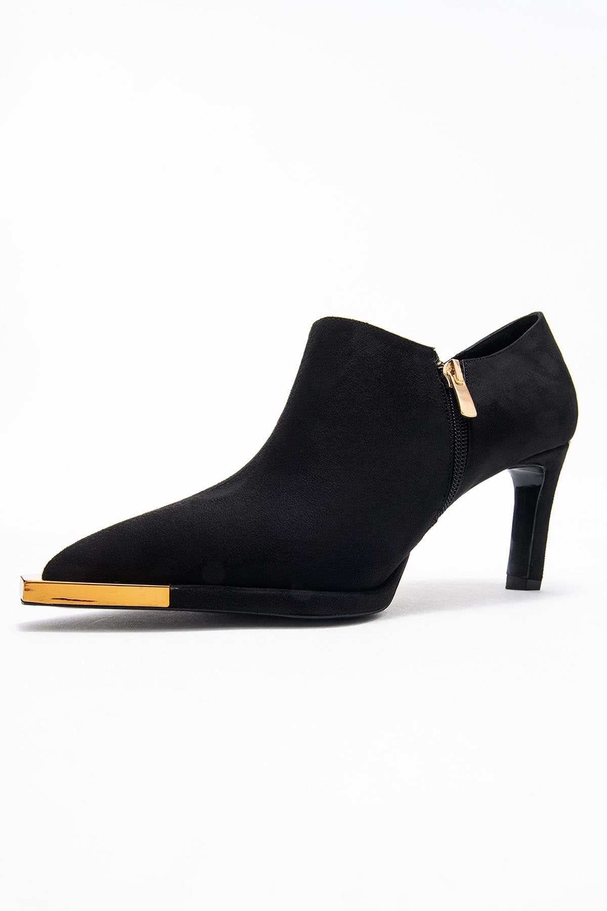Sona - Black Ankle-Heel Shoe – heel view showing suede, black, SimmiUnique
