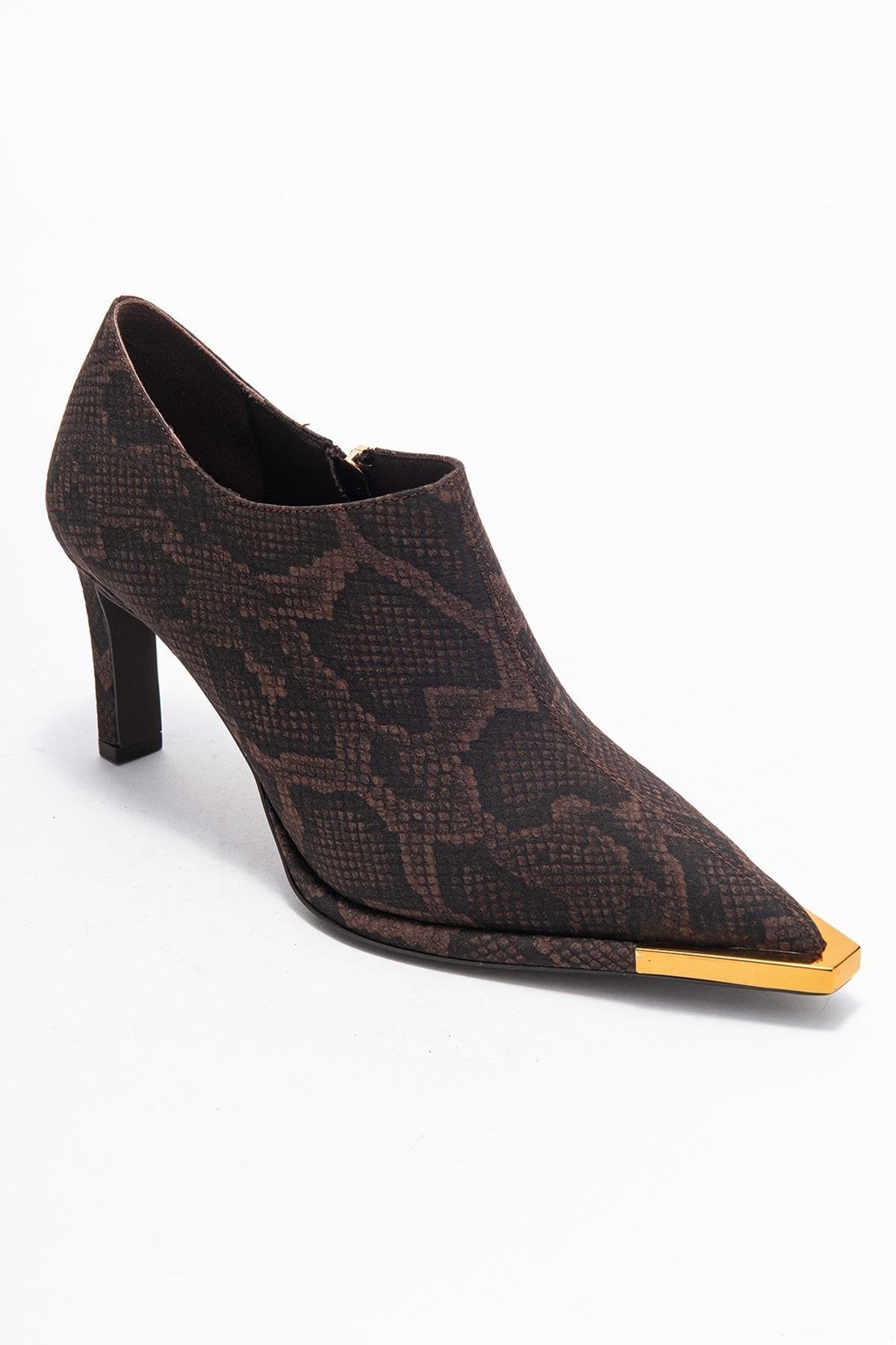 Sona - Brown Patterned Ankle-Heel Shoe – detail view showing leather, metallic, SimmiUnique