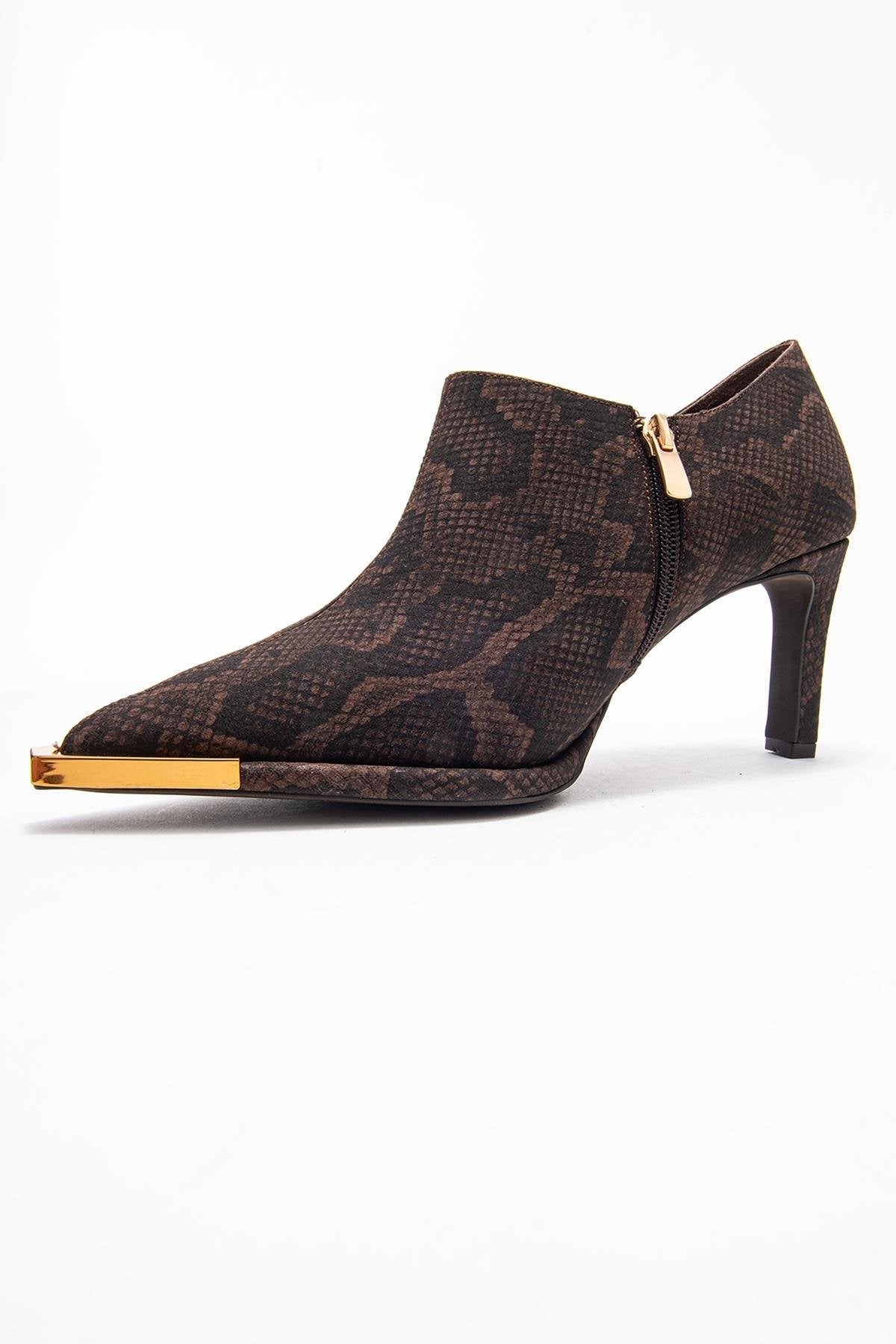 Sona - Brown Patterned Ankle-Heel Shoe – heel view showing leather, metallic, SimmiUnique
