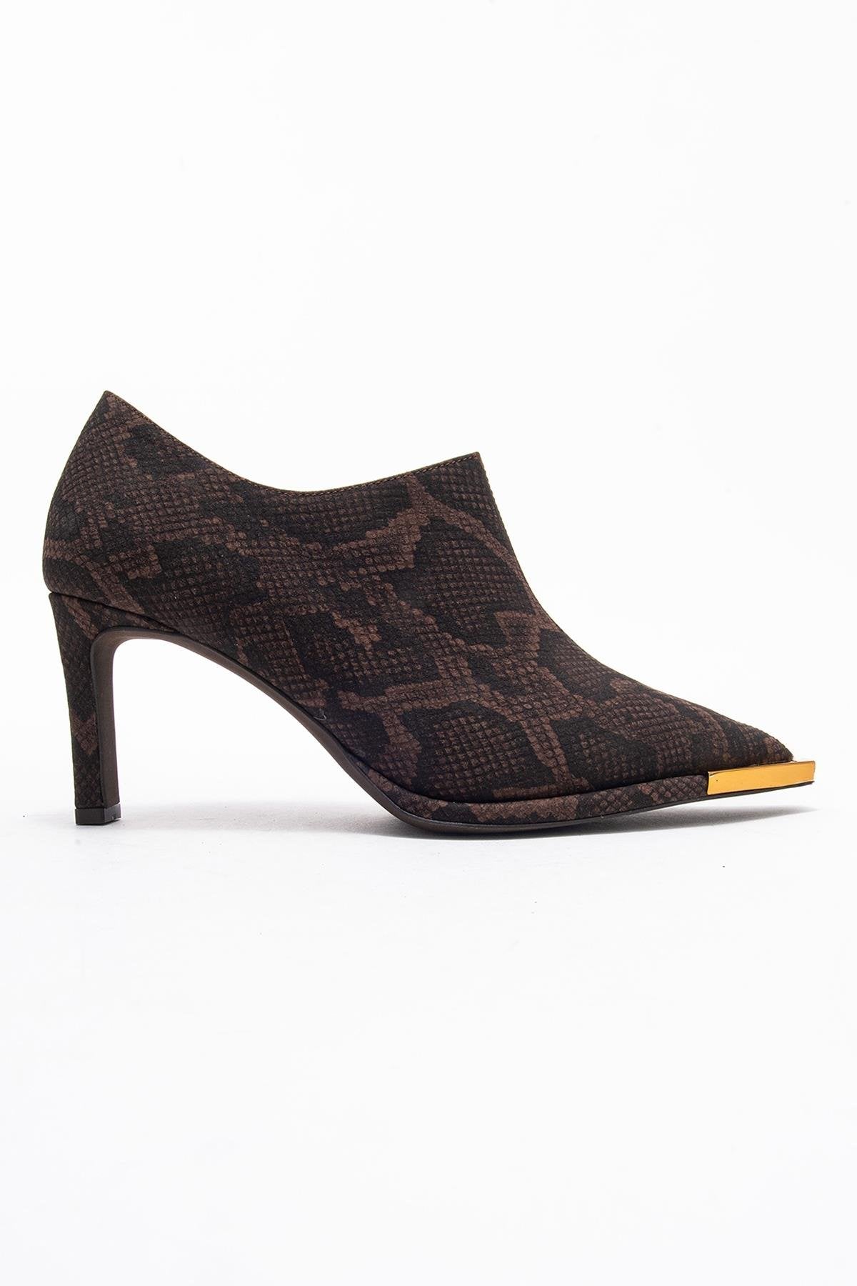Sona - Brown Patterned Ankle-Heel Shoe – top view showing leather, metallic, SimmiUnique